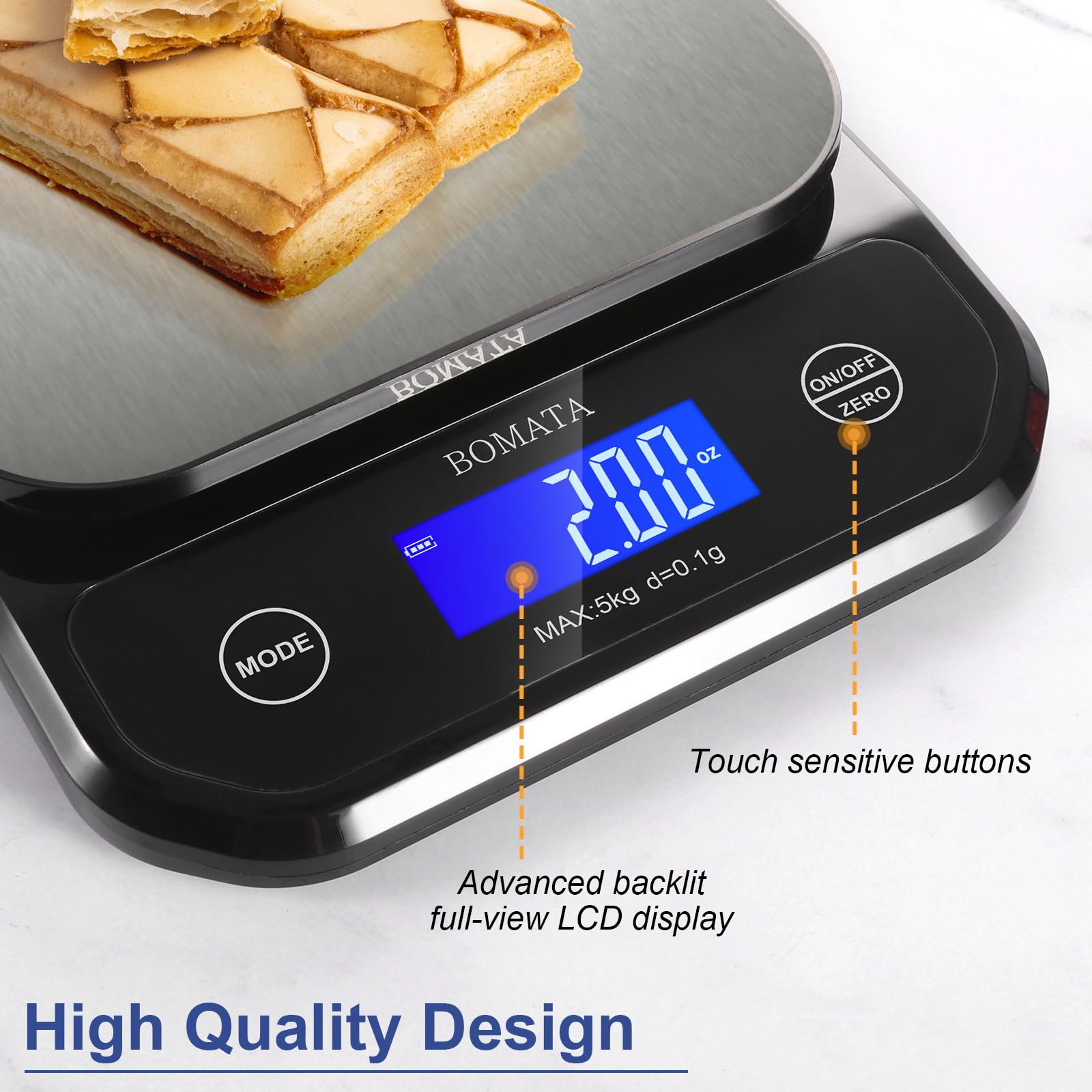 BOMATA Digital Kitchen Scale - 0.1g/0.01oz High Precision, 5kg/11lb Capacity, Waterproof & Washable, USB Rechargeable - Perfect for Food Measuring, Cooking, Baking, Weight Loss & Meal Prep