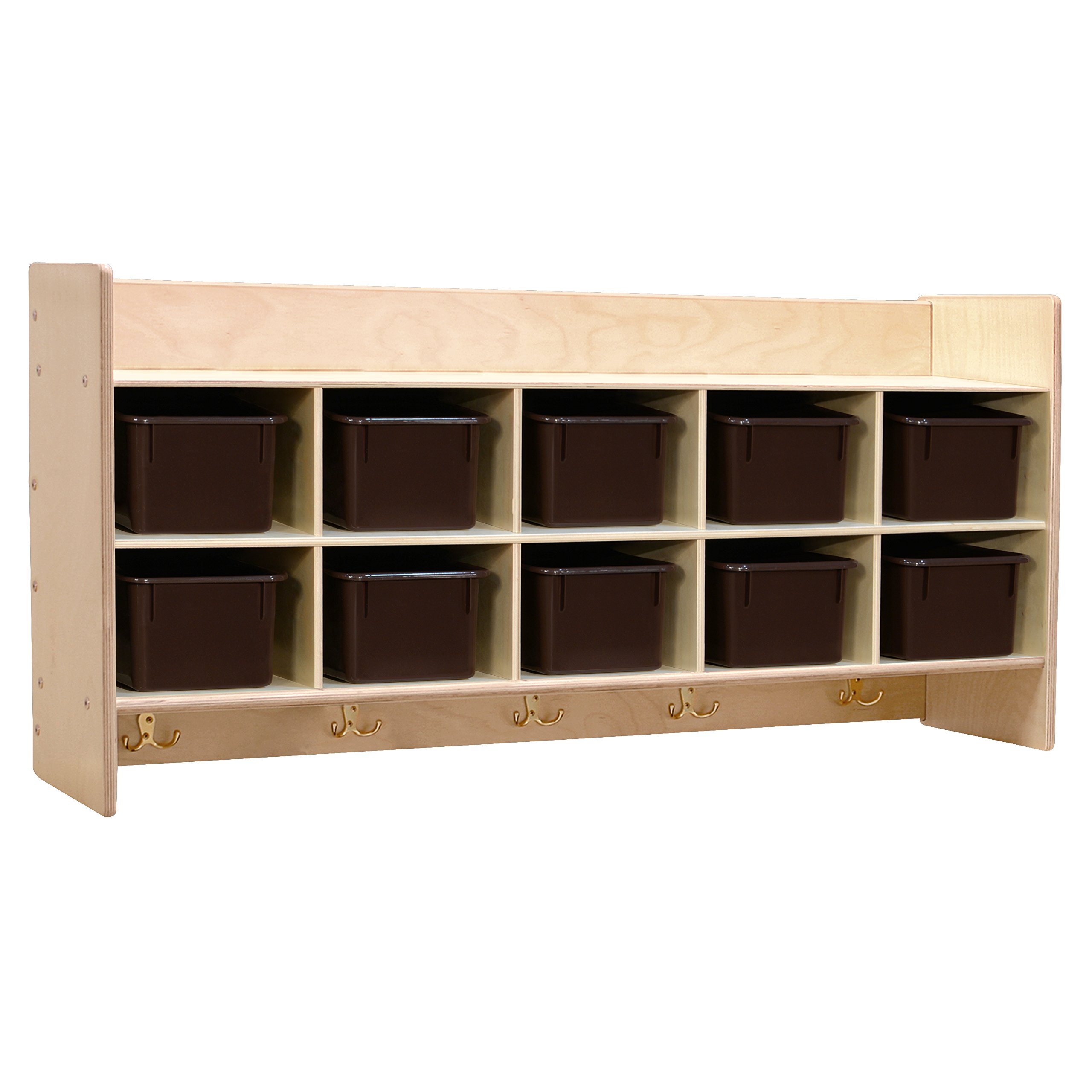 Contender 10-Section Wall Cubby Shelf with Brown Plastic Storage Bins - Organize House & Playroom - 100% Birch Plywood with UV Finish - Perfect for Kids' Toy Storage & Home Organization