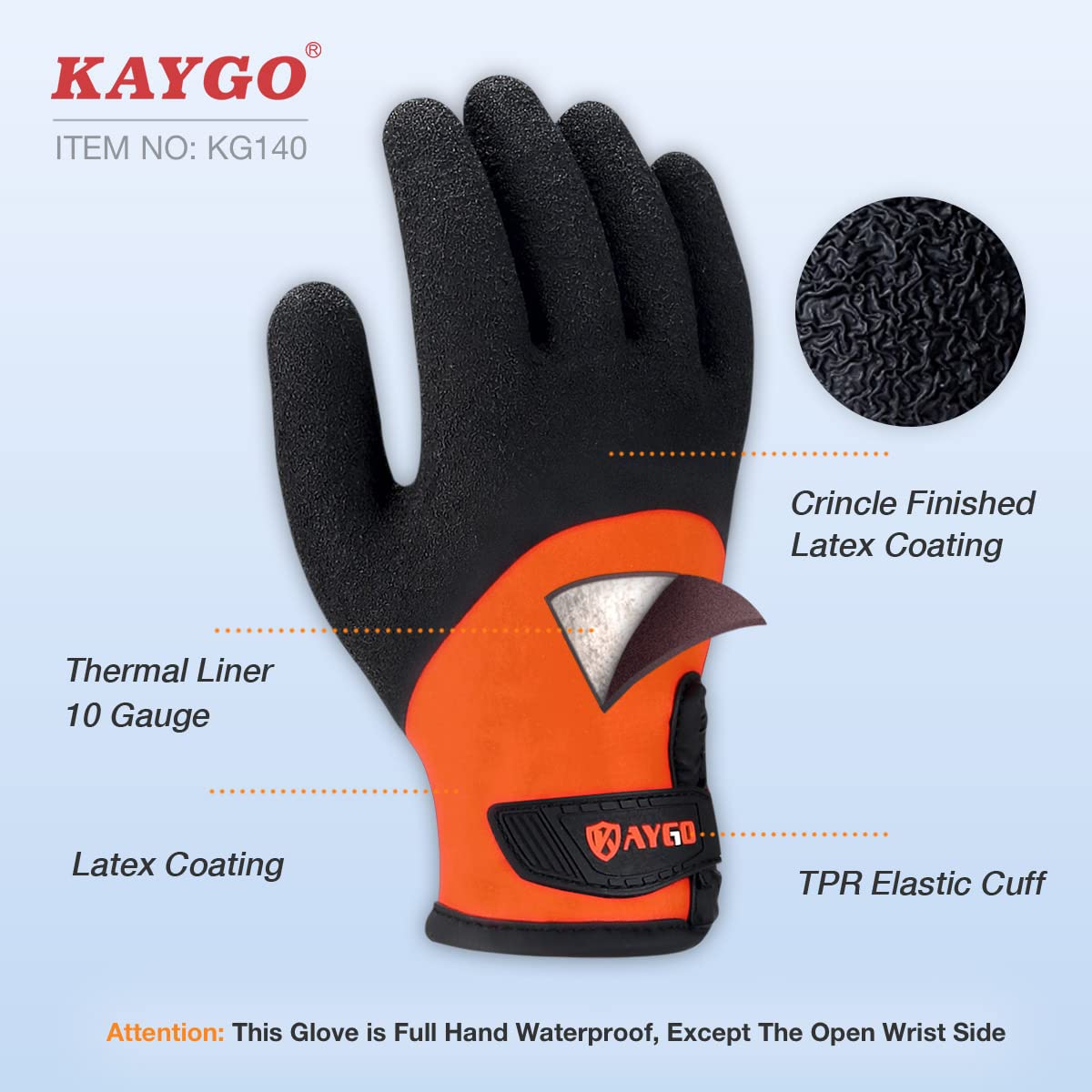 KAYGO Waterproof Thermal Work Gloves for Men & Women - Latex Coated, Acrylic Insulated Winter Gloves for Freezer & Cold Weather - Fine Crinkle Grip (KG140W, Small, Orange) - Ideal for Construction, Warehouse, Outdoor Work & Winter Activities