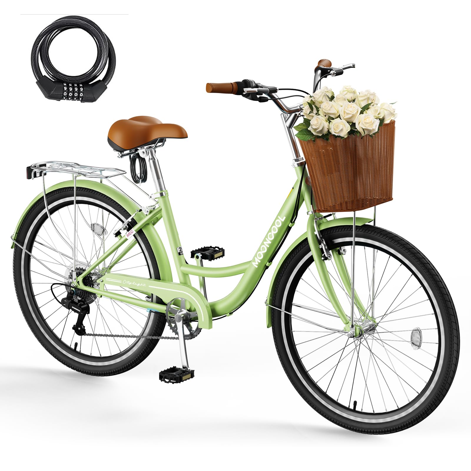 NAIZEA 7-Speed Women's Beach Cruiser Bike - 24 & 26 Inch Step-Through City Bicycle with Rattan Basket & Rear Rack - Comfortable Commuter Bike for Adult Women - Perfect for Beach Rides, City Commuting & Leisure Cycling