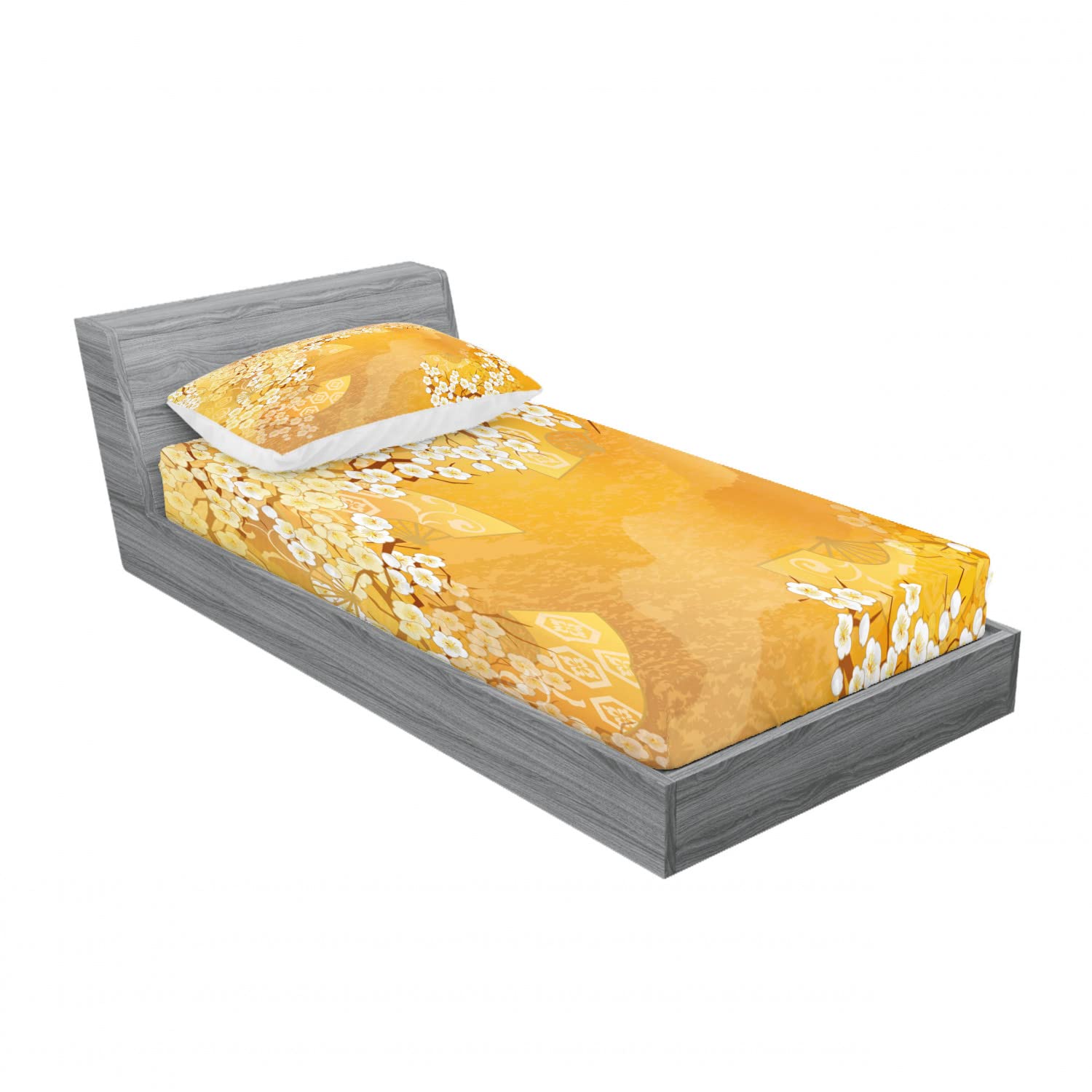 Ambesonne Japanese Cherry Blossom 2-Pack Twin Fitted Sheet & Pillow Sham Set - 4 Piece Bedding Decor in Marigold & Cream - Perfect for Spring Bedroom Decor, Guest Rooms & Dorm Essentials