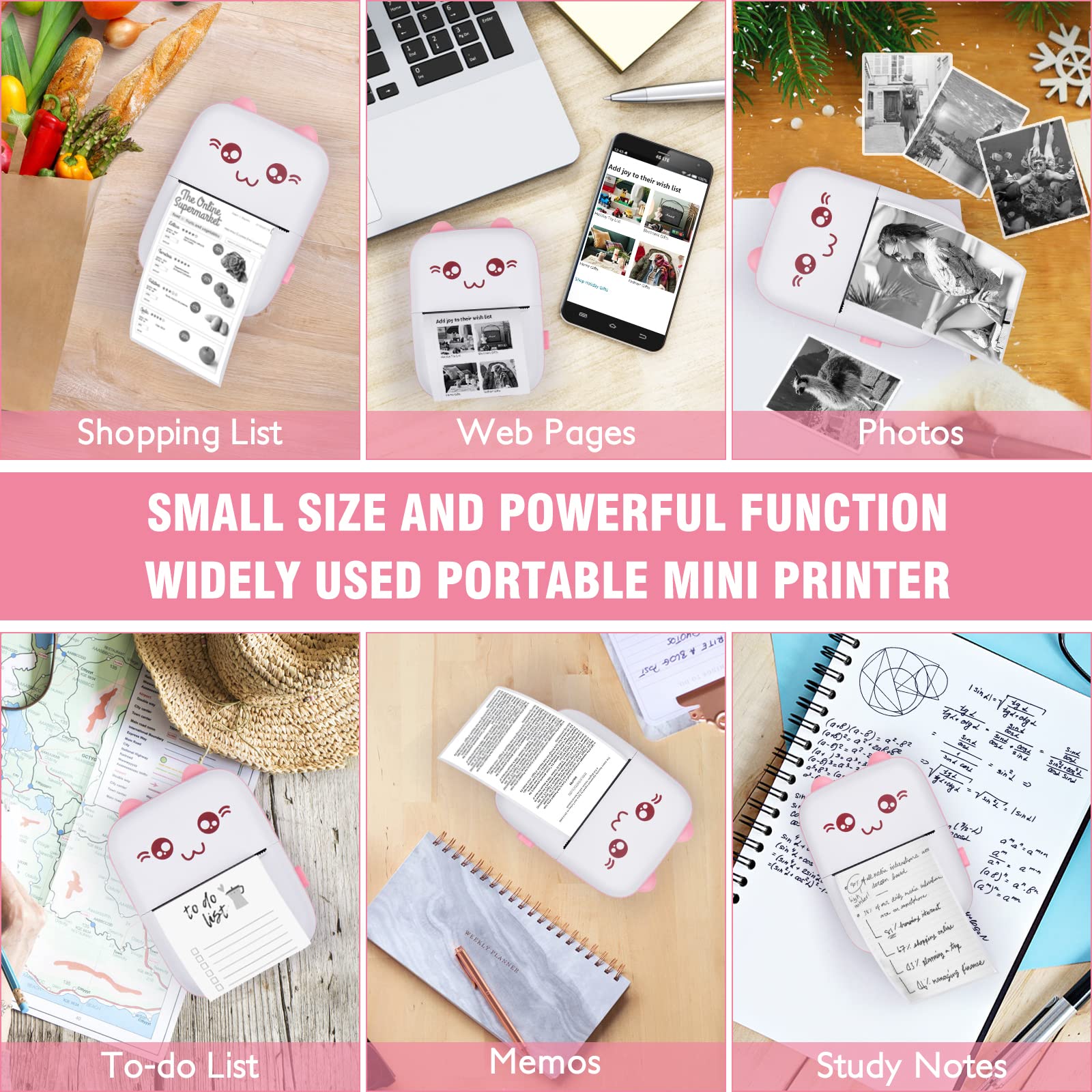 Eschen Pocket Mini Printer - Portable Wireless Thermal Printer for iOS & Android, 6 Rolls Inkless Printing Paper Included - Print Labels, Receipts, Stickers, Photos, Lists & Notes - Perfect for Home, Office, Travel & Gift Giving (Pink)