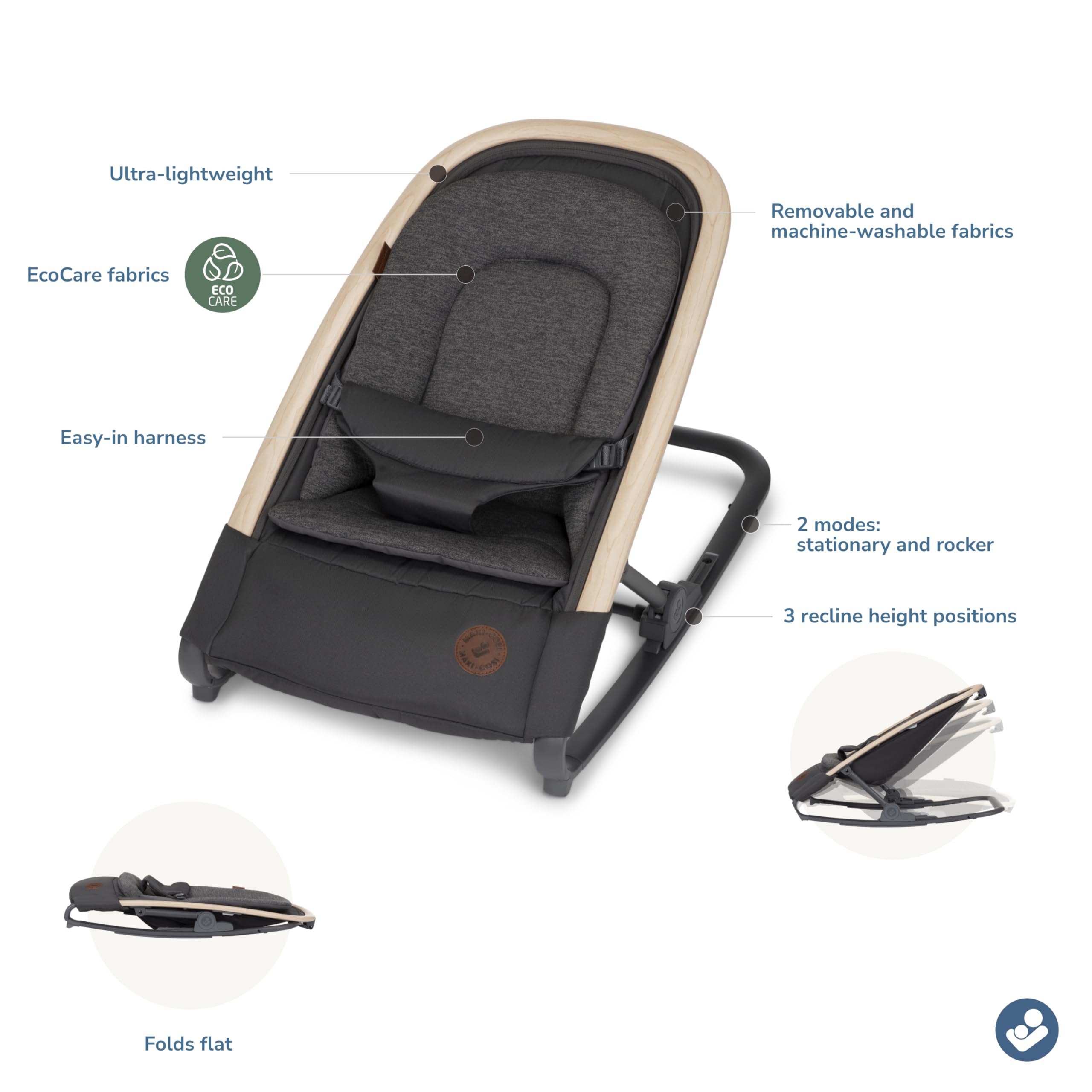 Maxi-Cosi Kori 2-in-1 Baby Bouncer & Rocker Chair for Infants - Portable Infant Seat with Adjustable Recline, Classic Graphite - Perfect for Nursery, Travel & Soothing Newborns