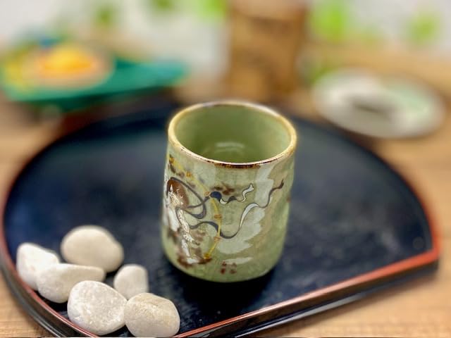 Premium Hyakkaen Kutaniyaki Japanese Ceramic Tea Cup - Traditional Wind God & Thunder God Design - Small Hot Water Drinking Cup with Unique Back Picture - Perfect for Tea Ceremonies, Home Decor & Gift Giving