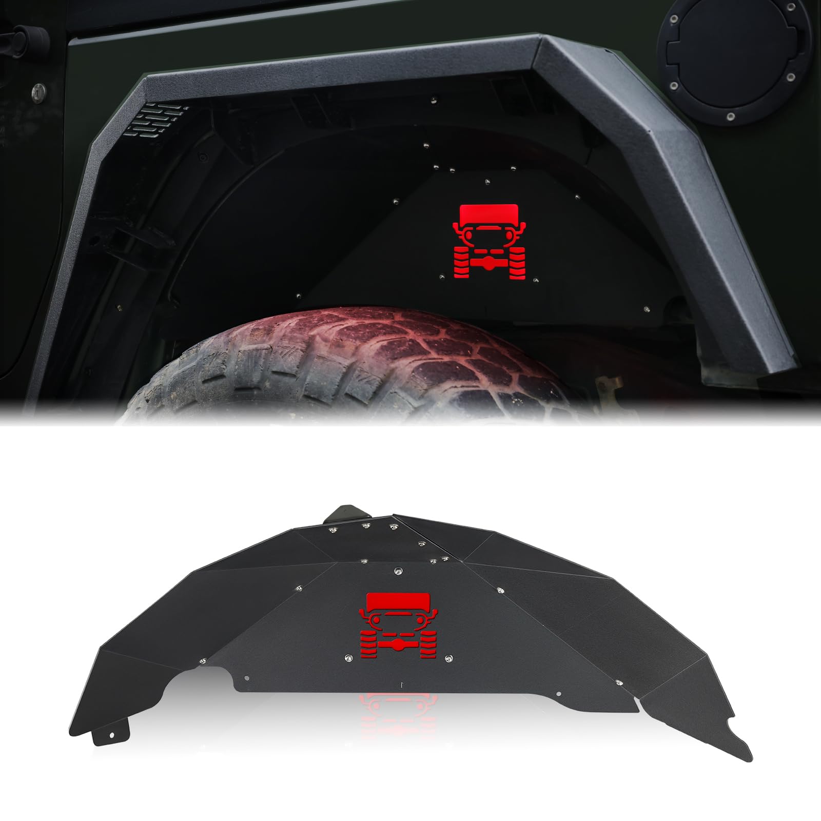 Aluminum Rear Inner Fender Liners with 2 LED Lights for 2007-2018 Jeep Wrangler JK JKU (2/4 Door) - Compatible with Sport, Sahara & Rubicon Models | Off-Road Protection & Enhanced Visibility