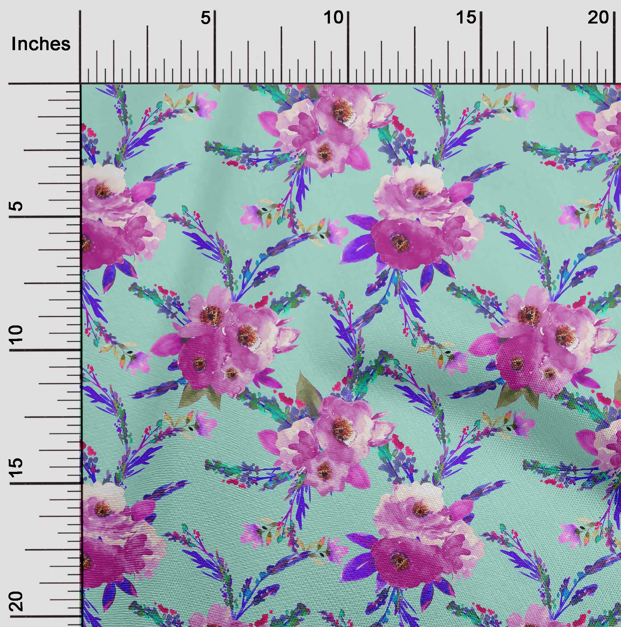 oneOone Cotton Silk Fabric - Watercolor Leaves & Peony Floral Print - 42 Inch Wide - Perfect for Dresses, Scarves & Home Decor