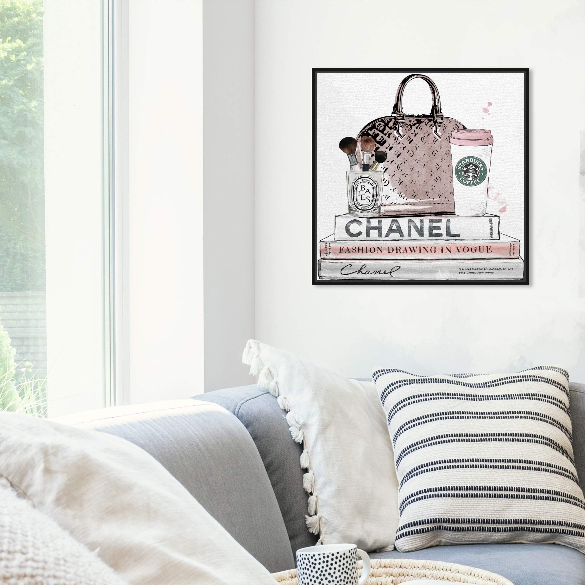 Blush and Make Up Brush Framed Wall Art Canvas Print - Fashion Glam Decor for Women's Bedroom, Living Room & Salon