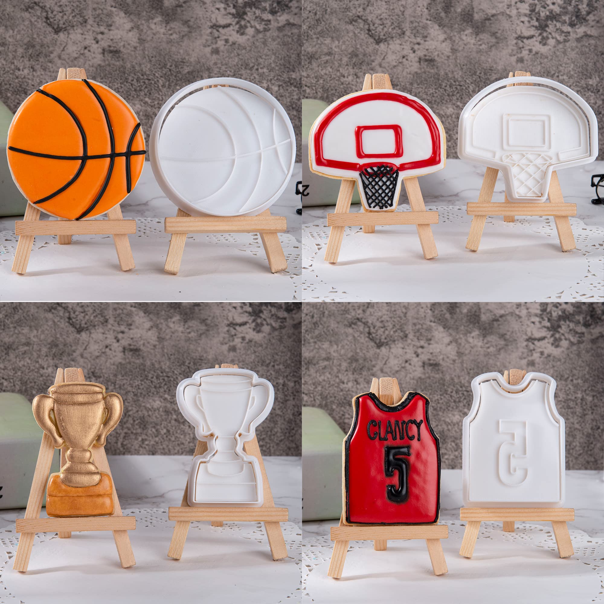 Mostop 4-Piece Basketball Cookie Cutter Set with Stampers - Basketball, Hoop, Jersey & Trophy Cup Shapes - Perfect for Cake Decorating, Birthday Parties & Sports-Themed Favors | Ideal for DIY Baking, Game Day Treats & Team Celebrations