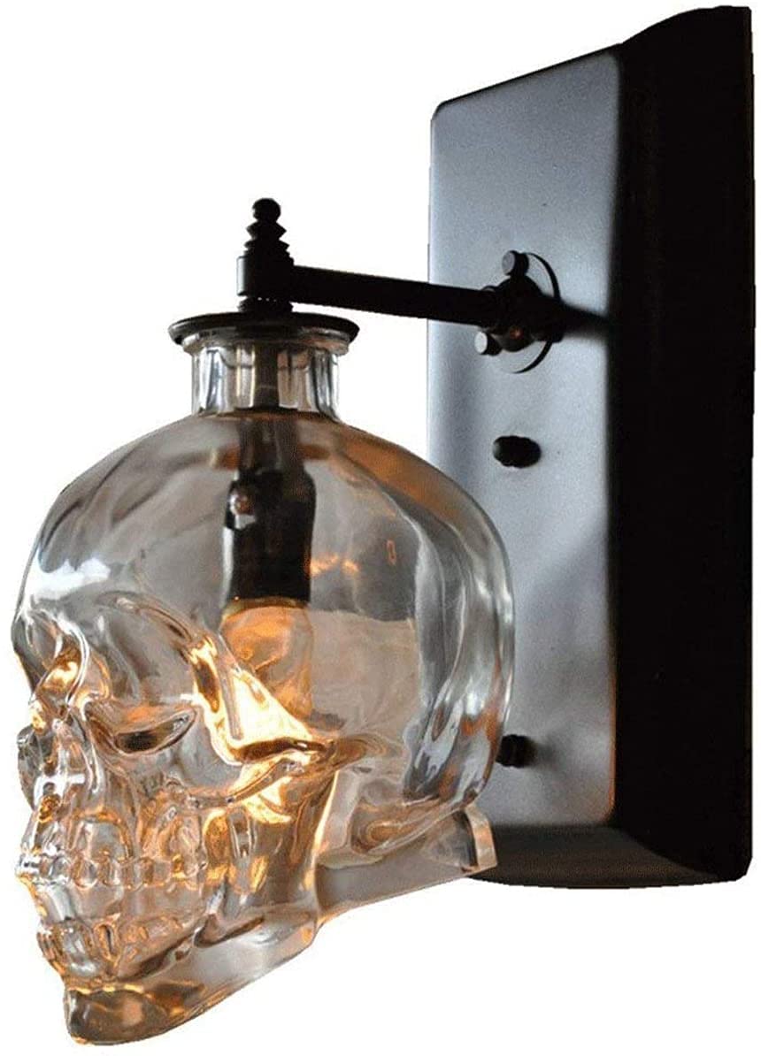 Vintage Glass Skull Wall Lamp - 1 Light Bedside Sconce with Glass Shade, Gothic Halloween Home Decor for Living Room, Bedroom & Bar Lighting