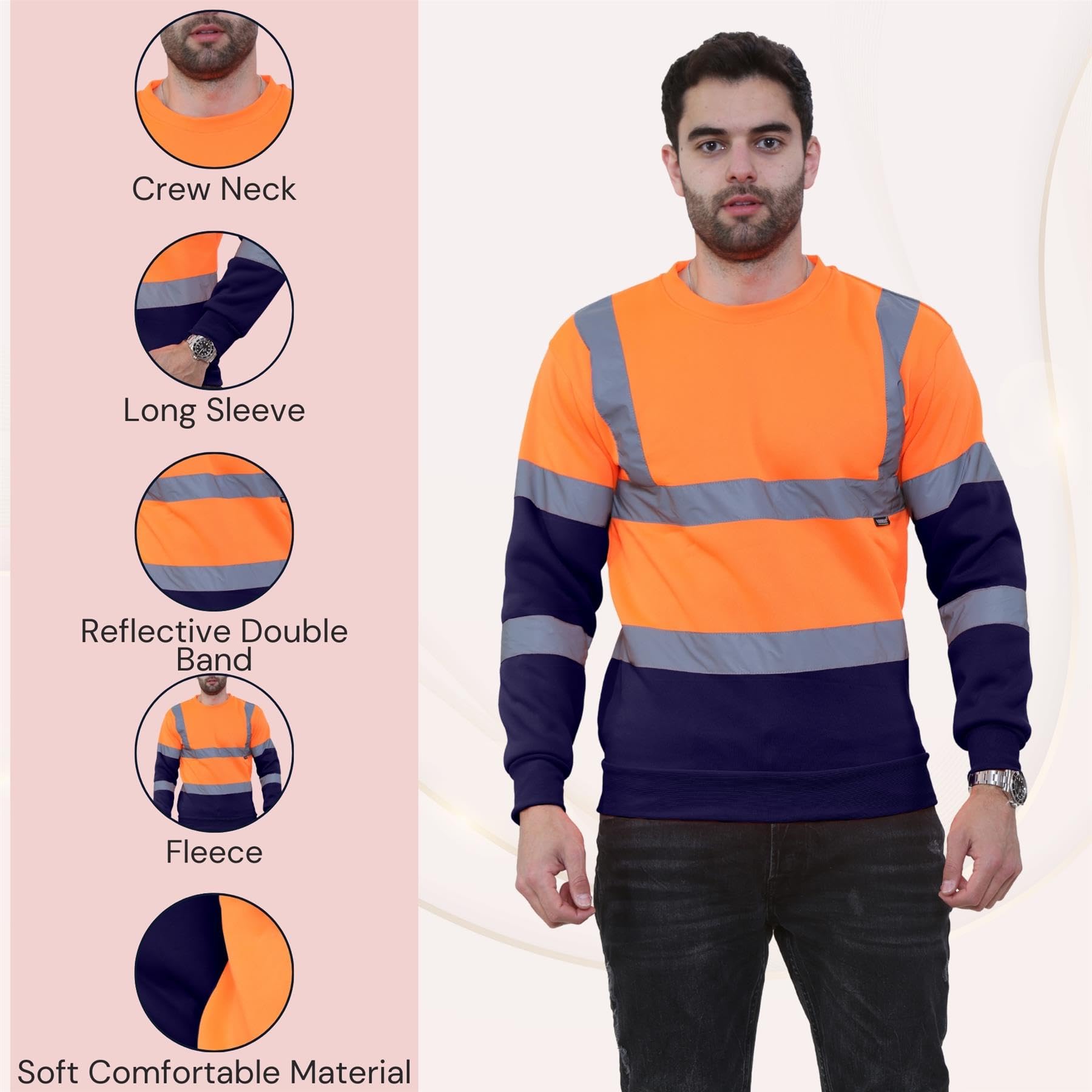 Janisramone Men's High Visibility Reflective Fleece Sweatshirt - Hi-Viz Safety Workwear for Construction, Jogging & Night Outdoor Activities