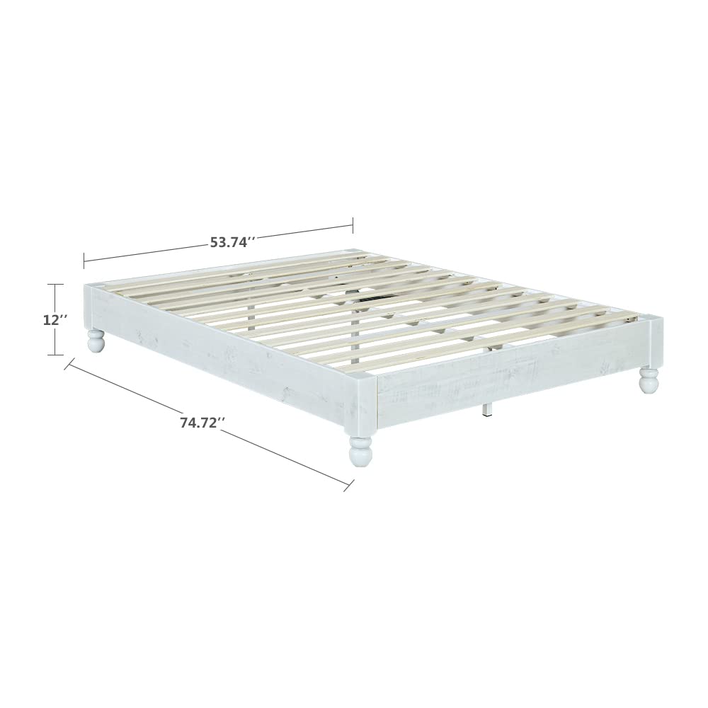 Solid Wood Platform Bed Frame - Full Size, Rustic White Washed Finish for Bedroom Decor