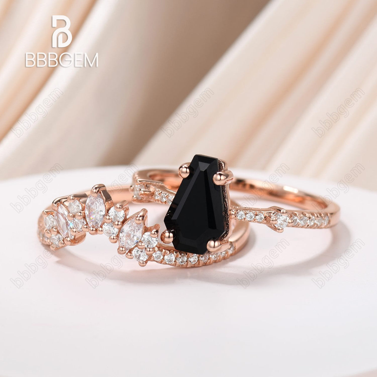 Unique Black Onyx Coffin Wedding Ring Set for Women - 14K Rose Gold Three-Stone Engagement Ring with Marquise Moissanite | Gothic Jewelry, Alternative Bridal Ring, Dark Romance Wedding Band