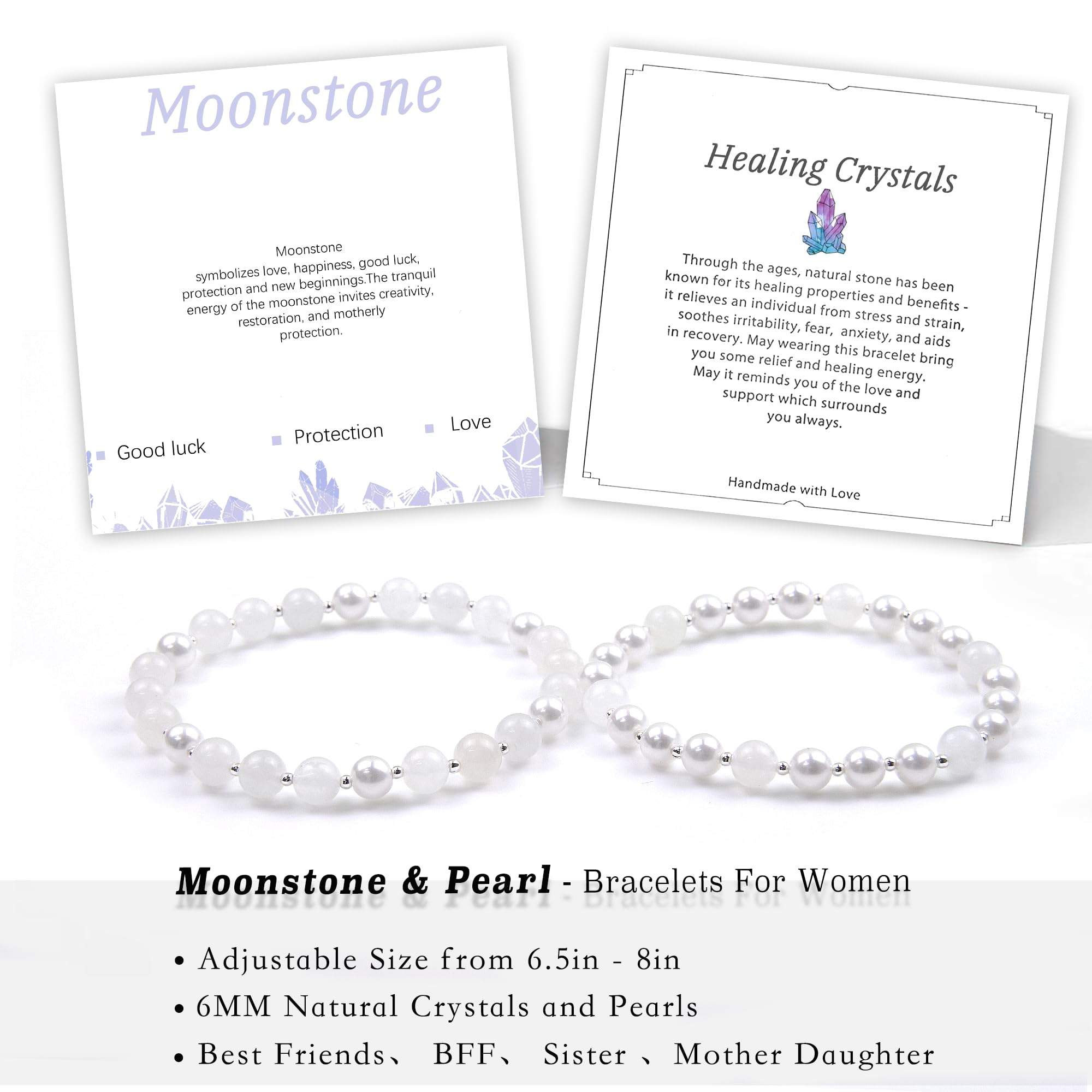 Moonstone Beaded Bracelet for Women - Best Friend Sister Bracelet Set of 2 - Pearl Friendship Bracelets for Mother Daughter - Elegant Beaded Jewelry Gift for Her | Perfect for Anniversaries, Birthdays & Special Occasions