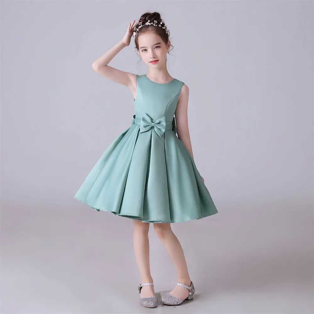 Girls Sleeveless Satin Bow Flower Princess Dress - Elegant O-Neck Party Gown for Birthday, Flower Girl, Pageant & Special Occasions
