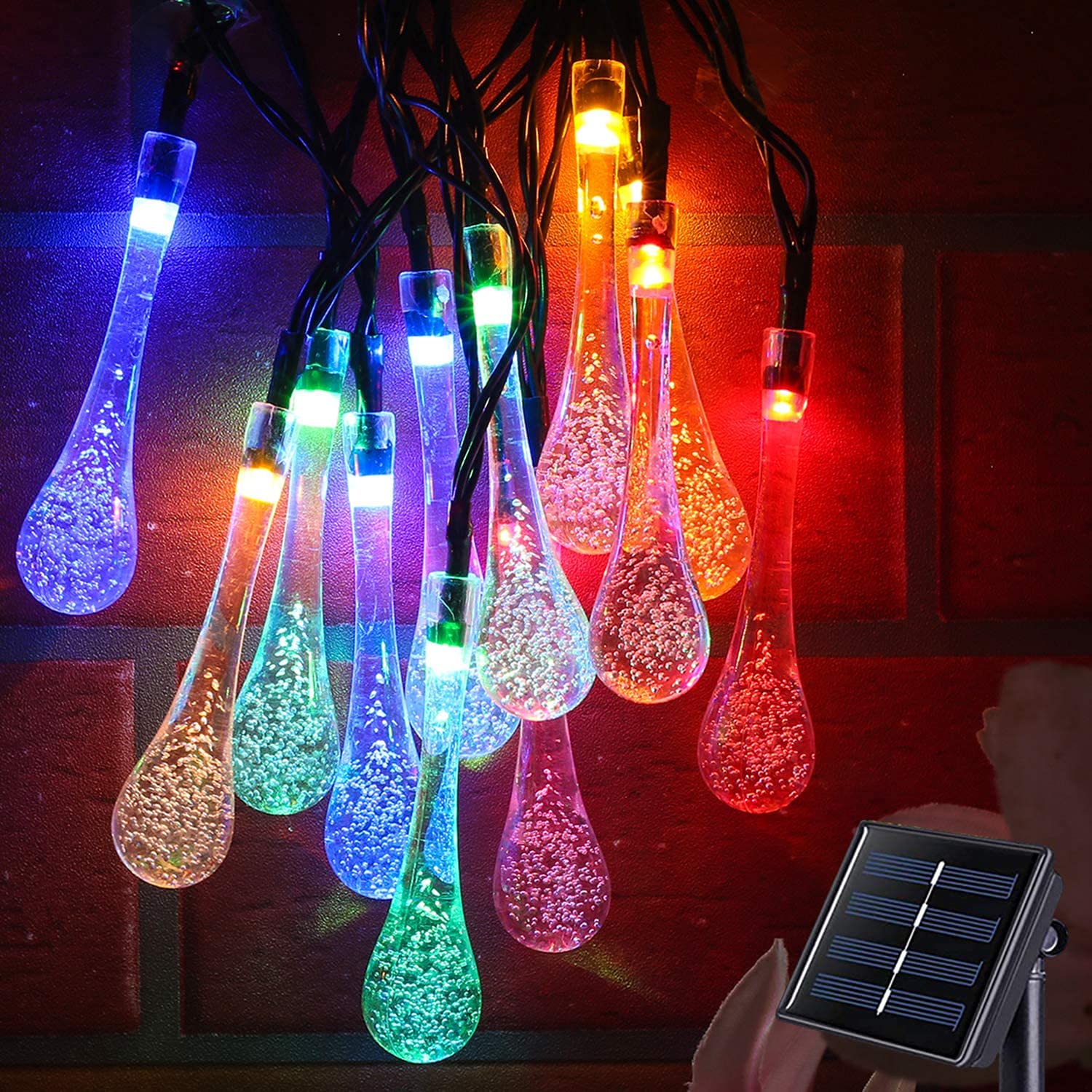 Solar String Lights Outdoor Waterproof 21 ft 30 LED Multicolor Water Drop Garden Lights - 8 Lighting Modes Fairy Lights for Patio, Camping, Holiday & Christmas Decoration - Perfect for Backyard, Wedding, Party & Landscape Lighting