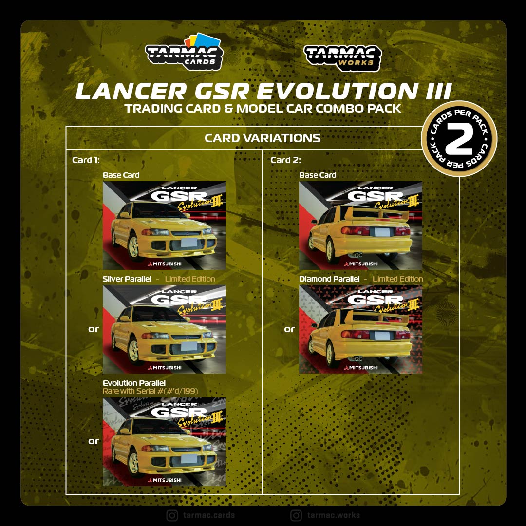 Tarmac Works 1/64 Scale Mitsubishi Lancer GSR Evolution III Diecast Model Car - Yellow with Tarmac Cards - Collectible Miniature Vehicle for Display & Racing Scenes - GLOBAL64 Series