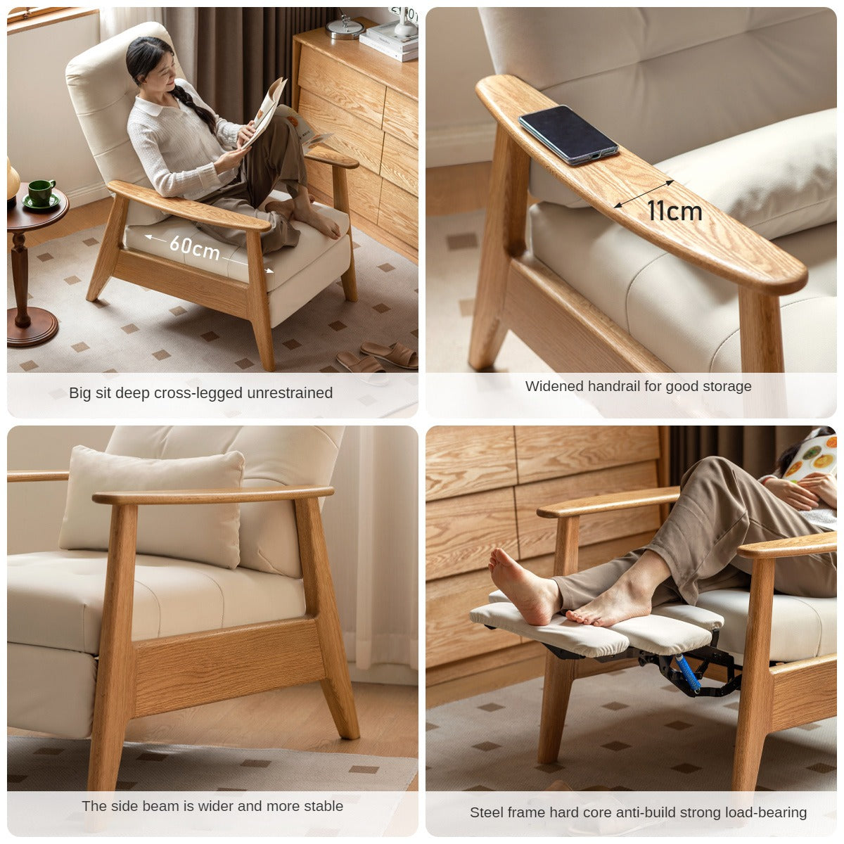 Premium Oak Solid Wood Multifunctional Fabric Lounge Chair - Comfortable Living Room, Bedroom, or Office Seating for Relaxation and Leisure