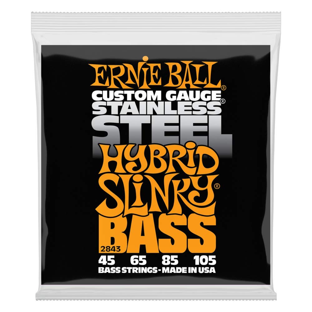 Ernie Ball Hybrid Slinky 45-105 Gauge Stainless Steel Bass Guitar Strings (P02843) - Perfect for Rock, Metal & Studio Recording