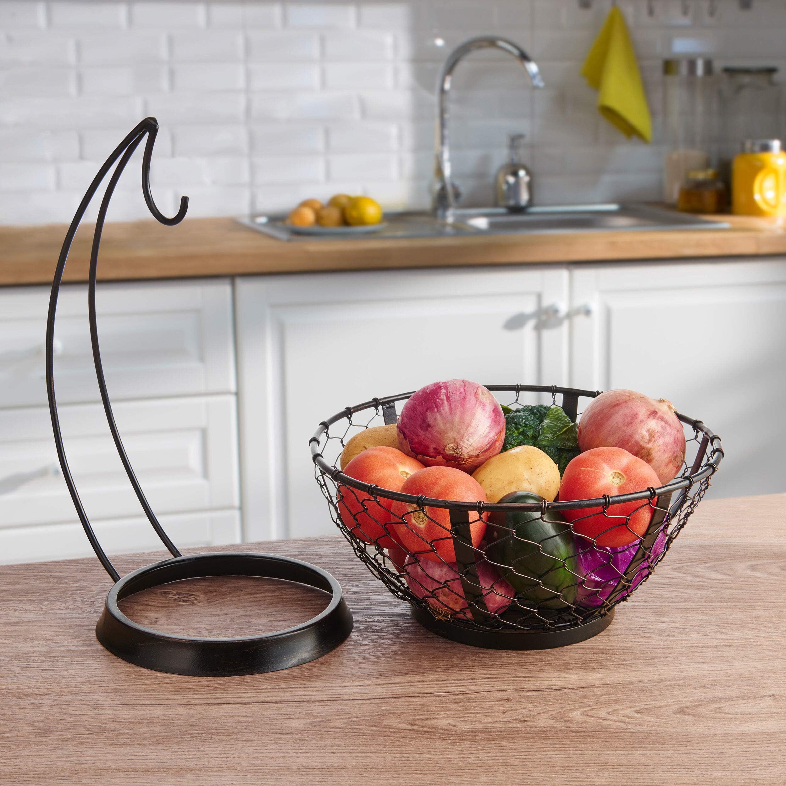 Premium Mikasa Gourmet Basics Black Wire Fruit Basket with Banana Hook - 14.75