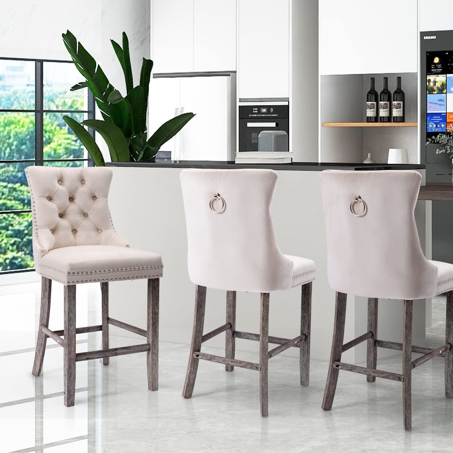 4 Velvet Bar Stools with Studs Trim & Wooden Legs - Tufted Dining Chairs for Kitchen Counter, Breakfast Nook & Home Bar - Comfortable Seating for Entertaining