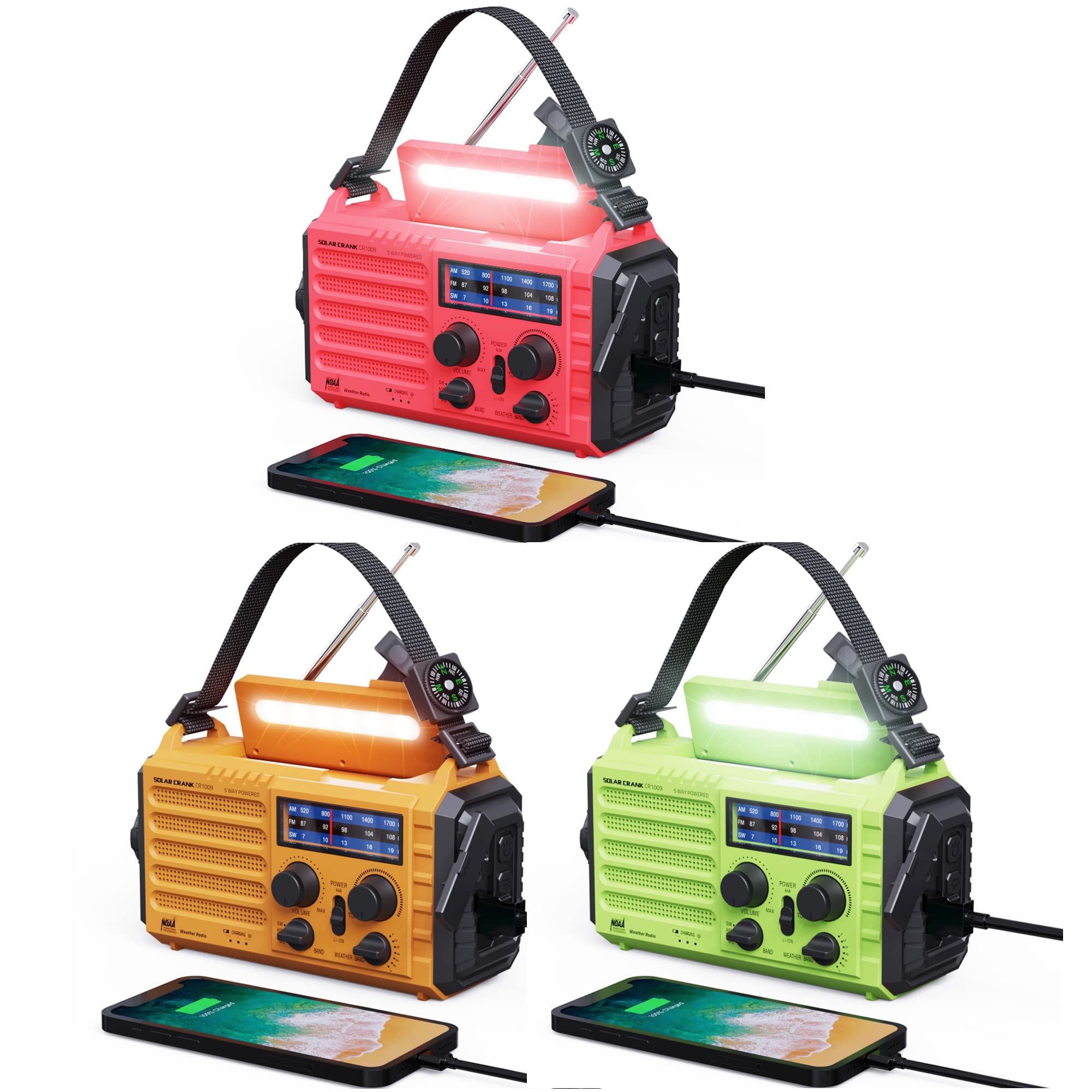 5-Way Powered Emergency Solar Hand Crank AM/FM/SW/NOAA Weather Radio with Flashlight & USB Charger - Green/Orange/Red for Outdoor Camping, Hiking & Disaster Preparedness