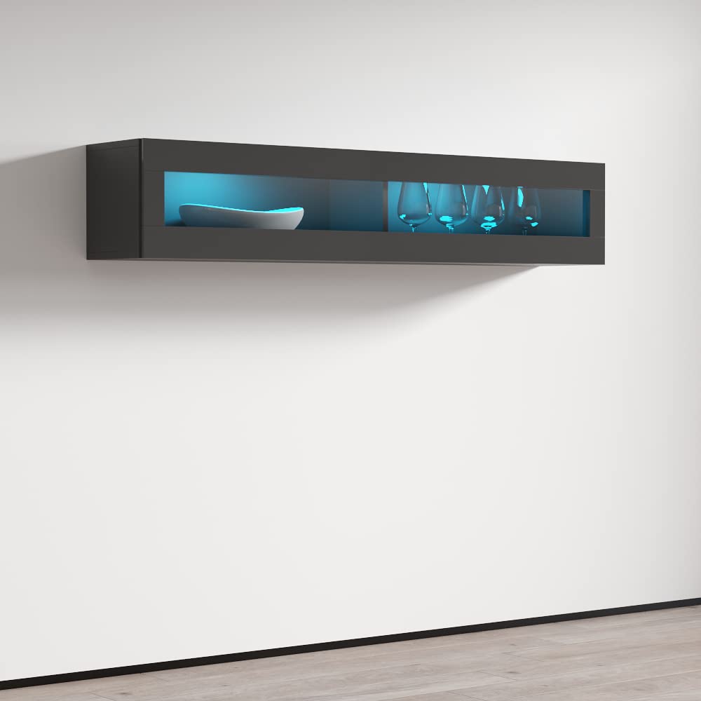 Modern Floating Media Cabinet - Rectangular Hanging TV Stand with LED Lights & High Gloss Finish | Durable Wooden Wall-Mounted Storage Unit for Living Room, Bedroom & Home Theater (Gray)