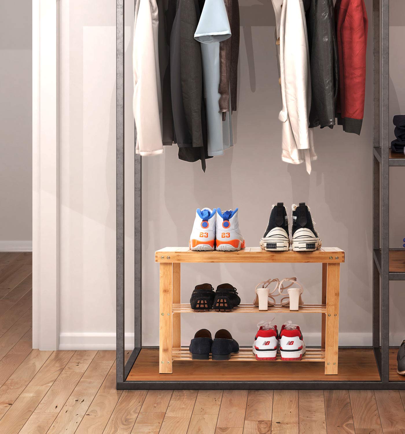 3-Tier Bamboo Shoe Rack Bench with Storage Shelf - Sturdy Entryway Organizer Holds 265lbs - Perfect for Front Door, Bedroom, Bathroom & Small Spaces