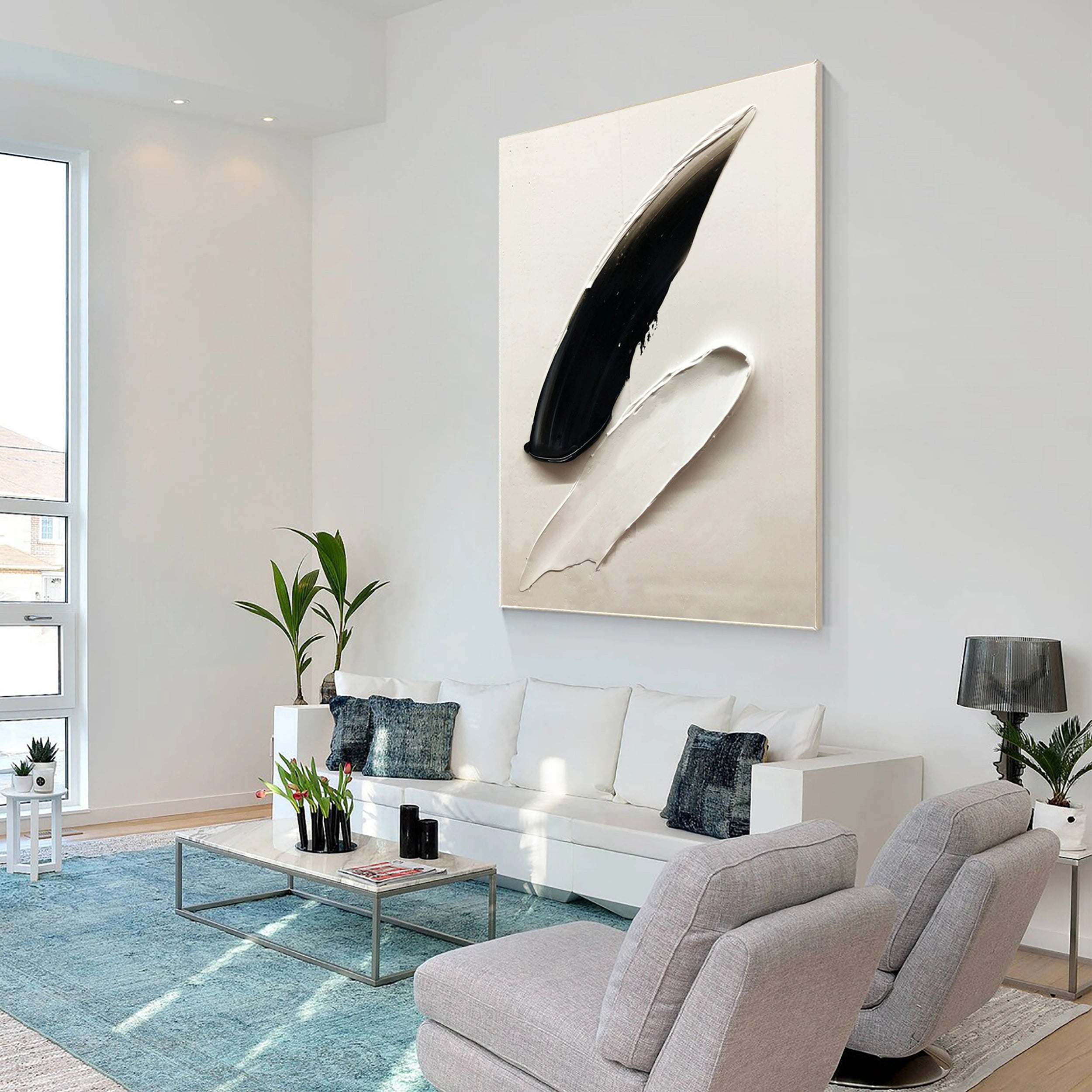 White & Black Minimalist Textured Abstract Painting Canvas Wall Art - Modern Home Decor for Living Room, Bedroom & Office #MM137