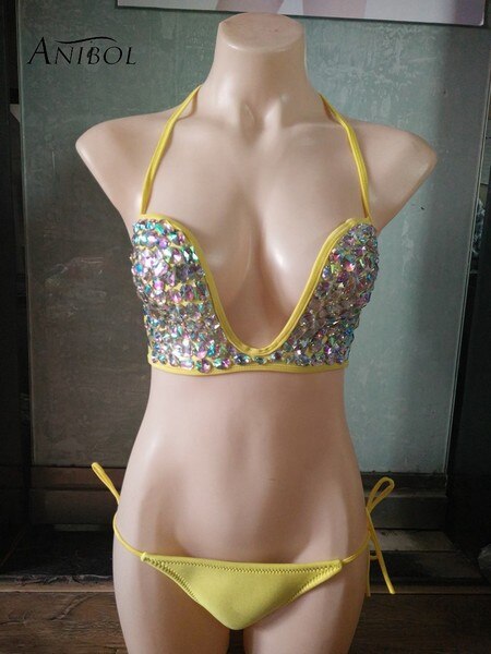 Sexy Deep V Halter Bikini with Rhinestone & Crystal Details - Women's Luxury Bandage Swimwear for Pool, Beach & Vacation