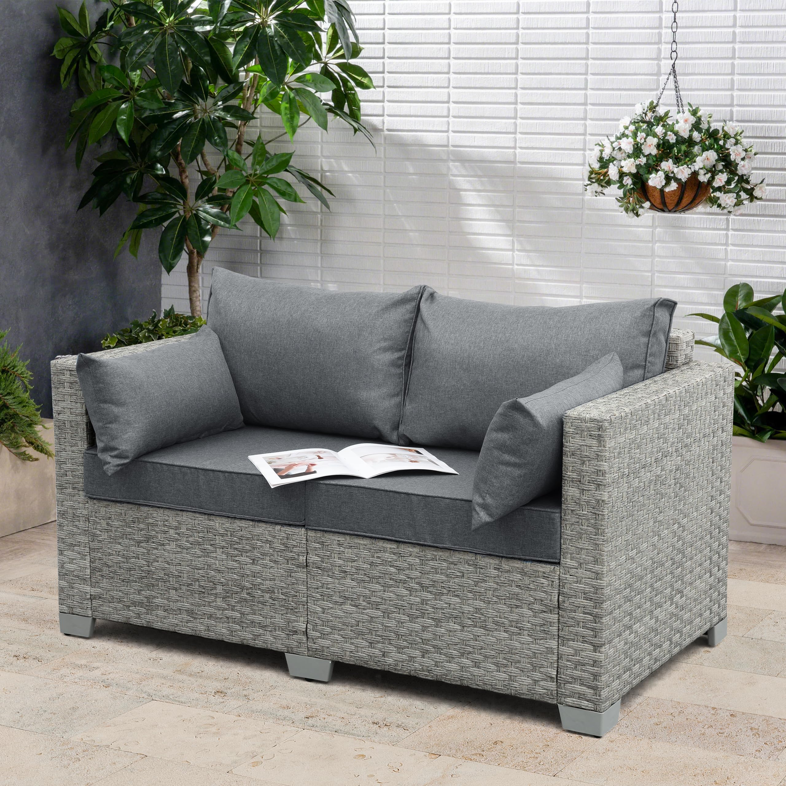 WAROOM Outdoor Patio Loveseat - PE Rattan 2-Seater Wicker Sofa with Gray Cushion, Deep Seating Small Couch for Garden, Balcony & Backyard Relaxation