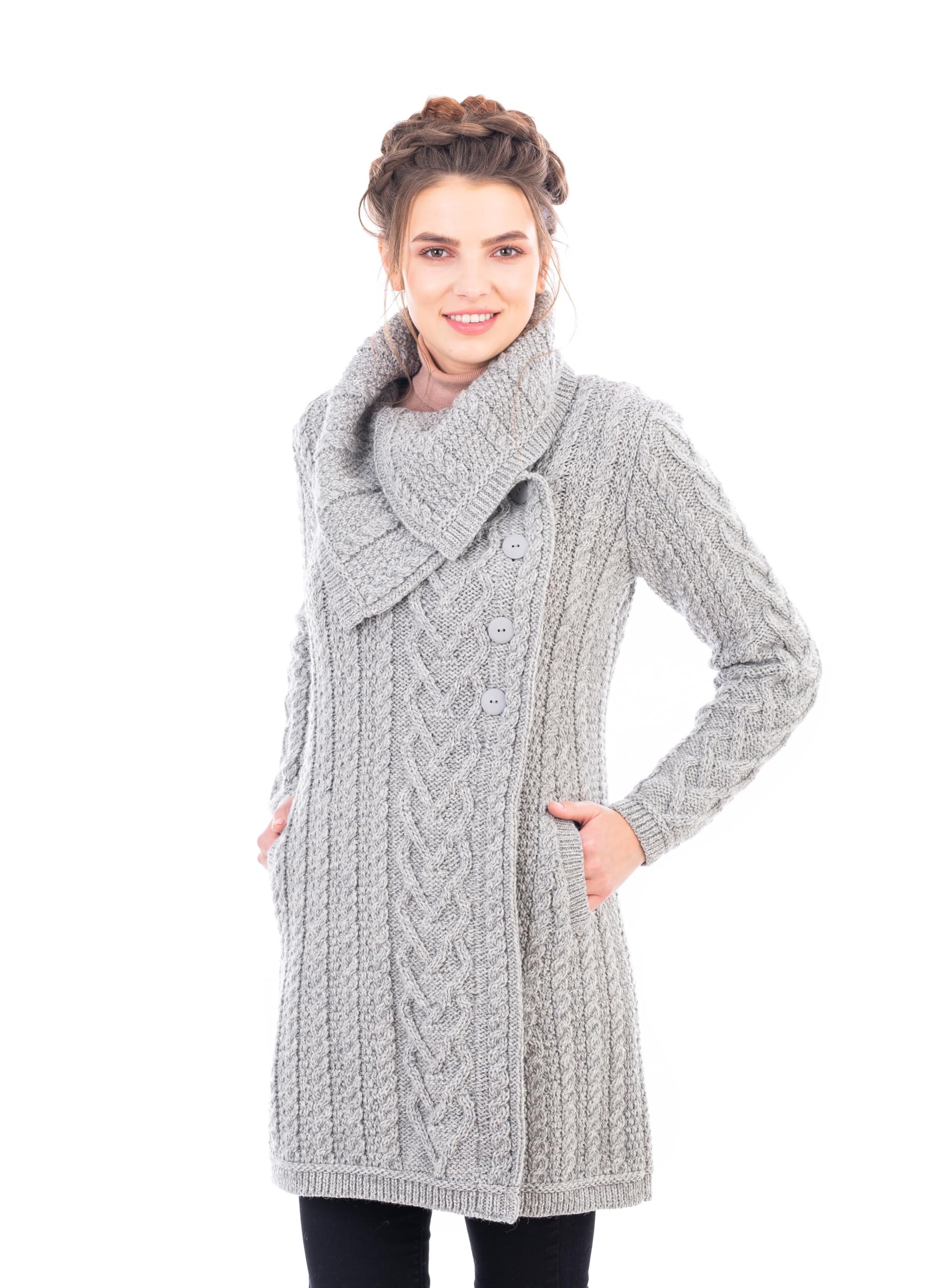 SAOL 100% Merino Wool Women's Classic Cable Knit Cardigan Sweater - Irish Coat with Pockets | Warm Winter Layering for Office, Travel & Casual Outfits