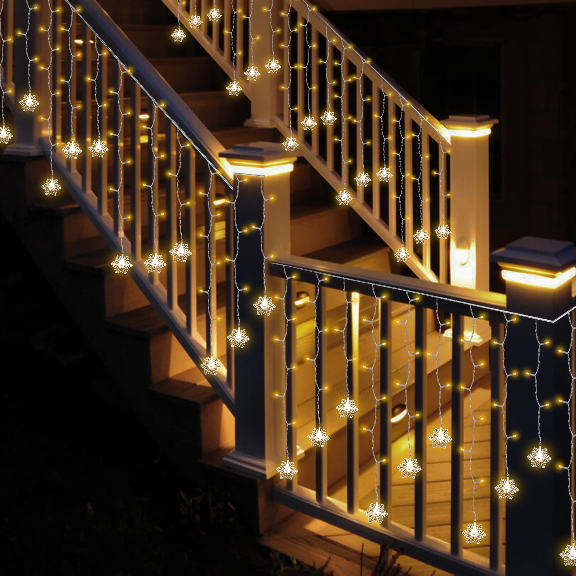 150 LED Icicle Lights with Snowflake - 8 Twinkle Modes Curtain Fairy Lights for Outdoor Christmas, Holiday, Wedding, Party, Garden, Porch, and Indoor Home Decoration (Warm White)