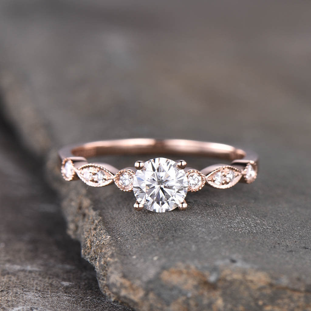 5mm Round Moissanite Marquise Diamond Engagement Ring - 14k/18k Rose Gold Wedding Band for Women - Classic 4 Prong Setting, Perfect for Proposals, Anniversaries & Bridal Jewelry