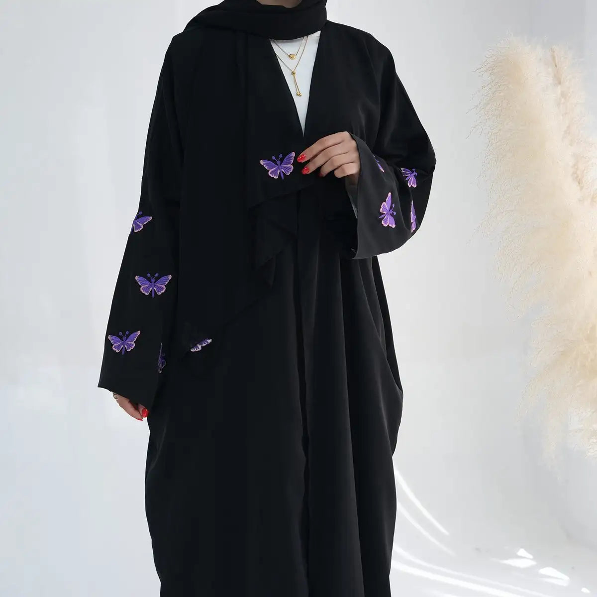 Elegant Butterfly Embroidery Cardigan Open Abaya Dress - Flowy Muslim Kaftan Cover Up for Women, Perfect for Prayer, Mosque, and Special Occasions