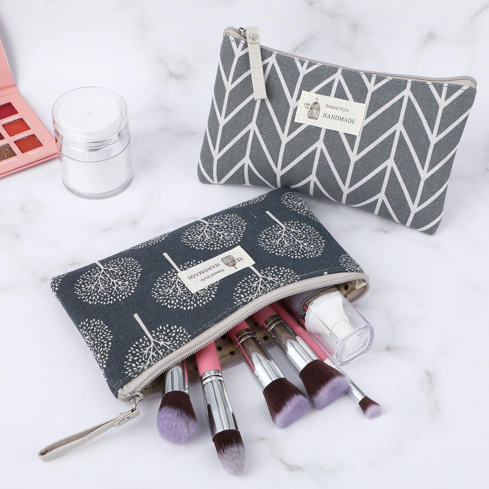 2pc Canvas Makeup Bag for Women Travel - Small Cosmetic Pouch with Metal Zipper, Perfect Gift for Girls
