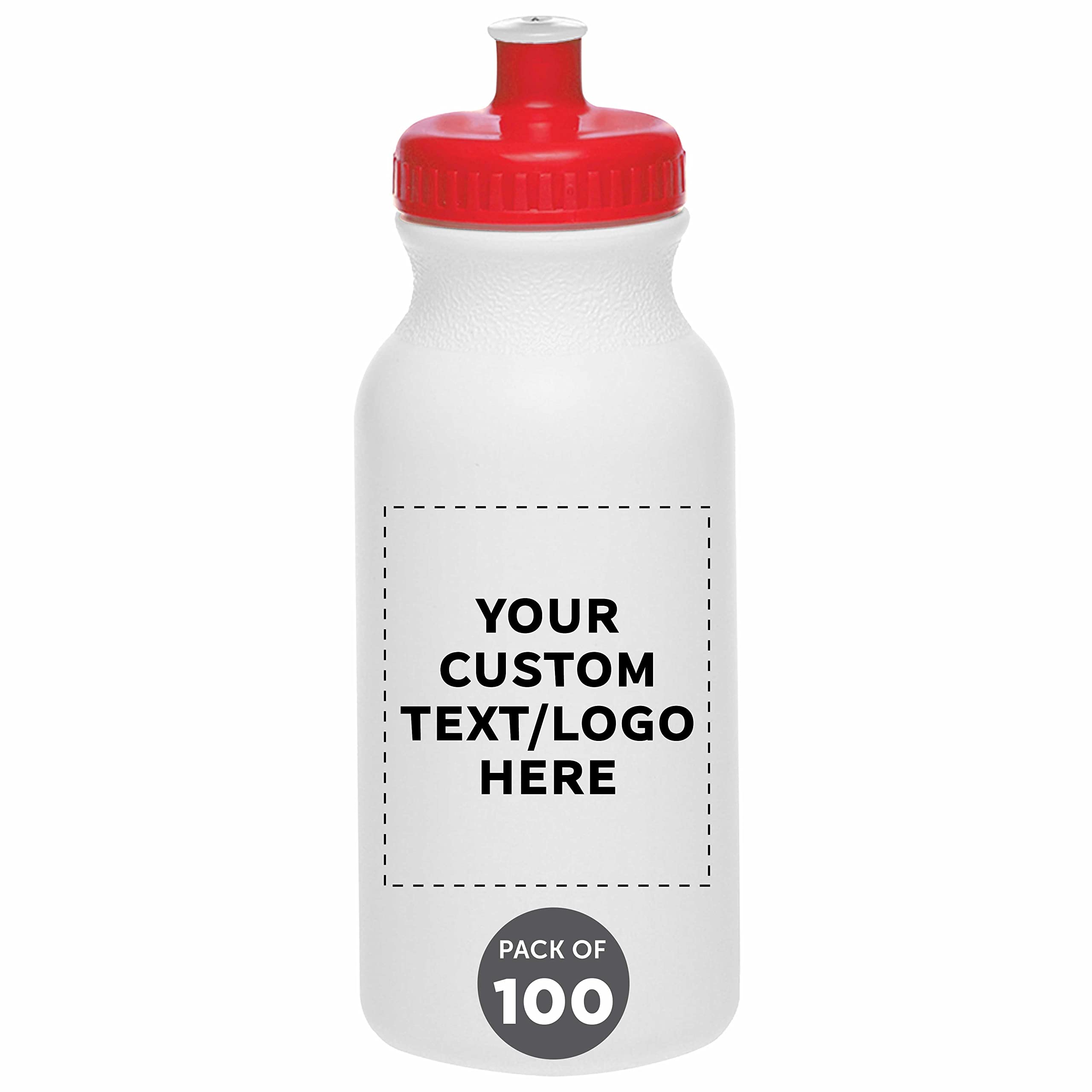 Custom White Water Bottles with Push Cap - 100 Pack, Personalized Text & Logo, 20oz BPA-Free Reusable Squeeze Bottles for Gym, Office, School & Events - Bulk Wholesale (White/Red)
