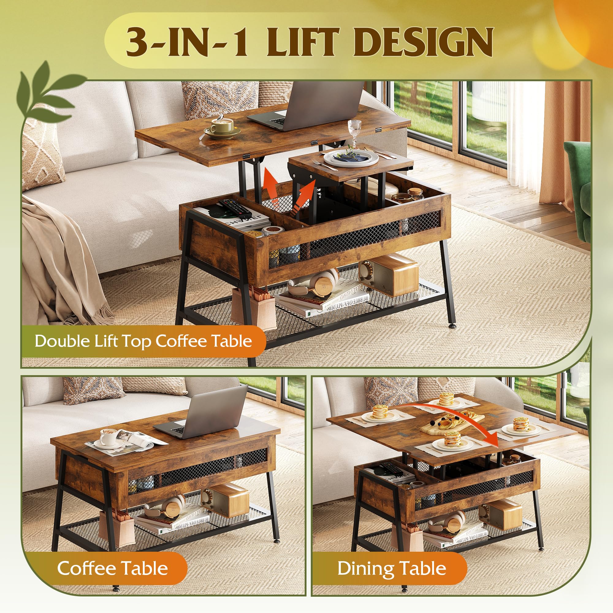 WLIVE Lift Top Coffee Table - 3-in-1 Convertible Coffee Table with Hidden Storage | Rustic Brown Multi-Functional Table Transforms to Dining Table | Perfect for Small Spaces, Living Rooms & Home Offices