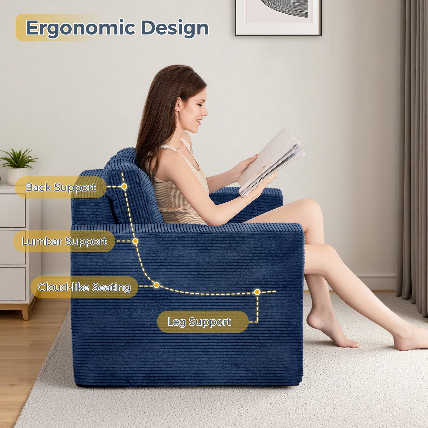 MAXYOYO Large Bean Bag Chair Sofa in A Box - Navy Blue Comfortable Lounger for Bedroom, Living Room & Game Room - Perfect for Relaxing, Reading & Movie Nights