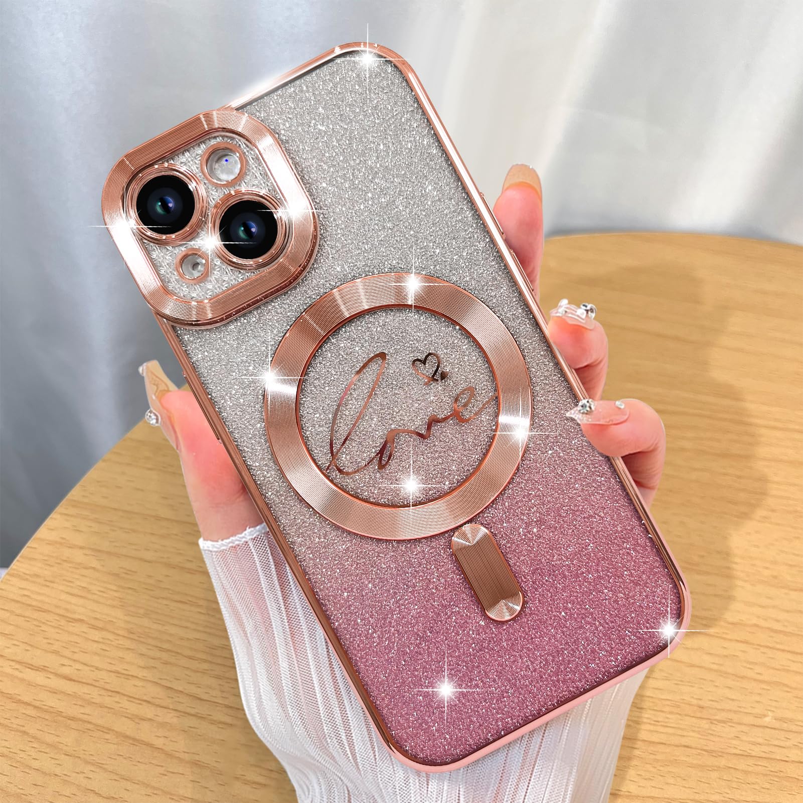 Magnetic Glitter Case for iPhone 15 - Luxury Gold Plated Heart Design, Magsafe Compatible Clear Protective Cover with Camera Protector, Shockproof Slim Phone Case for Women & Girls (Pink) - Perfect for Everyday Use, Dating, Parties & Gift Giving