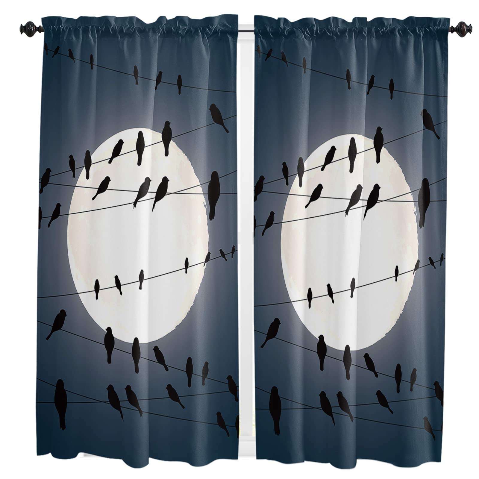 BestLives Black Crow & Full Moon Window Curtain Panels - Set of 2 (42x63 Inch) Rod Pocket Drapes for Bedroom, Living Room & Kitchen Decor - Gothic Bird on Wire Design Window Treatments for Halloween & Dark Theme Rooms