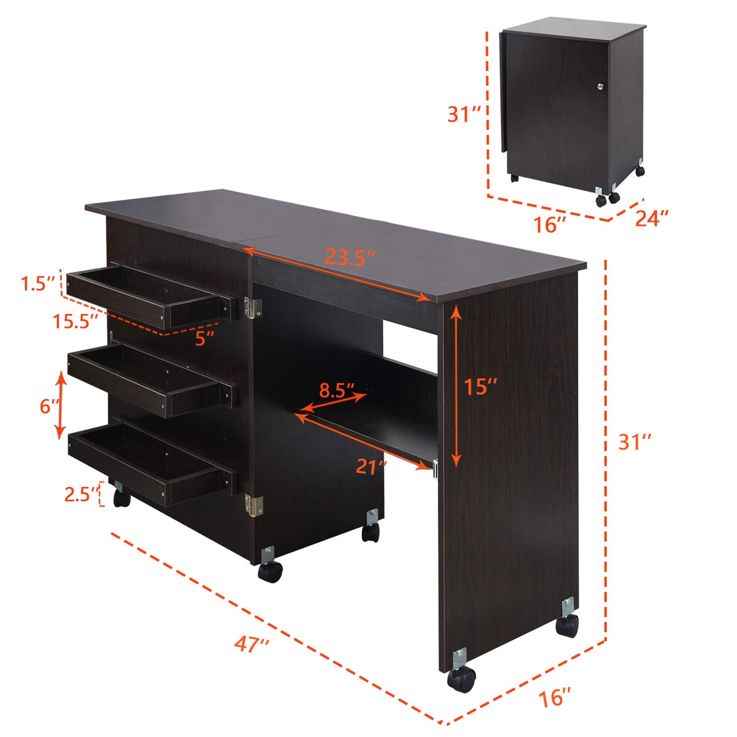 Usinso Folding Sewing Table with Storage Shelves - Portable Rolling Sewing Machine Cart, Multifunctional Craft Cabinet & Computer Desk with Lockable Casters (Dark Brown) - Perfect for Home Sewing Projects, Quilting, and DIY Craft Workspaces