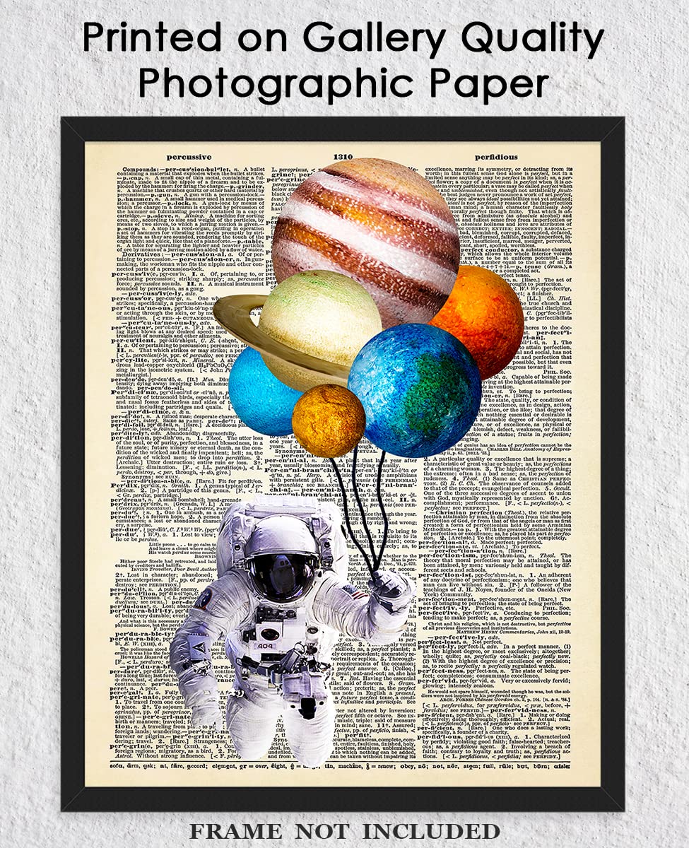 Whimsical Astronaut with Planet Balloons - 8x10 Unframed Space Wall Art Print Poster for Home, Office, Dorm & Bedroom Decor - Perfect Gift for Astronomy Lovers Under $15 | Ideal for Space-Themed Rooms, Kids' Bedrooms & Science Classroom Decor