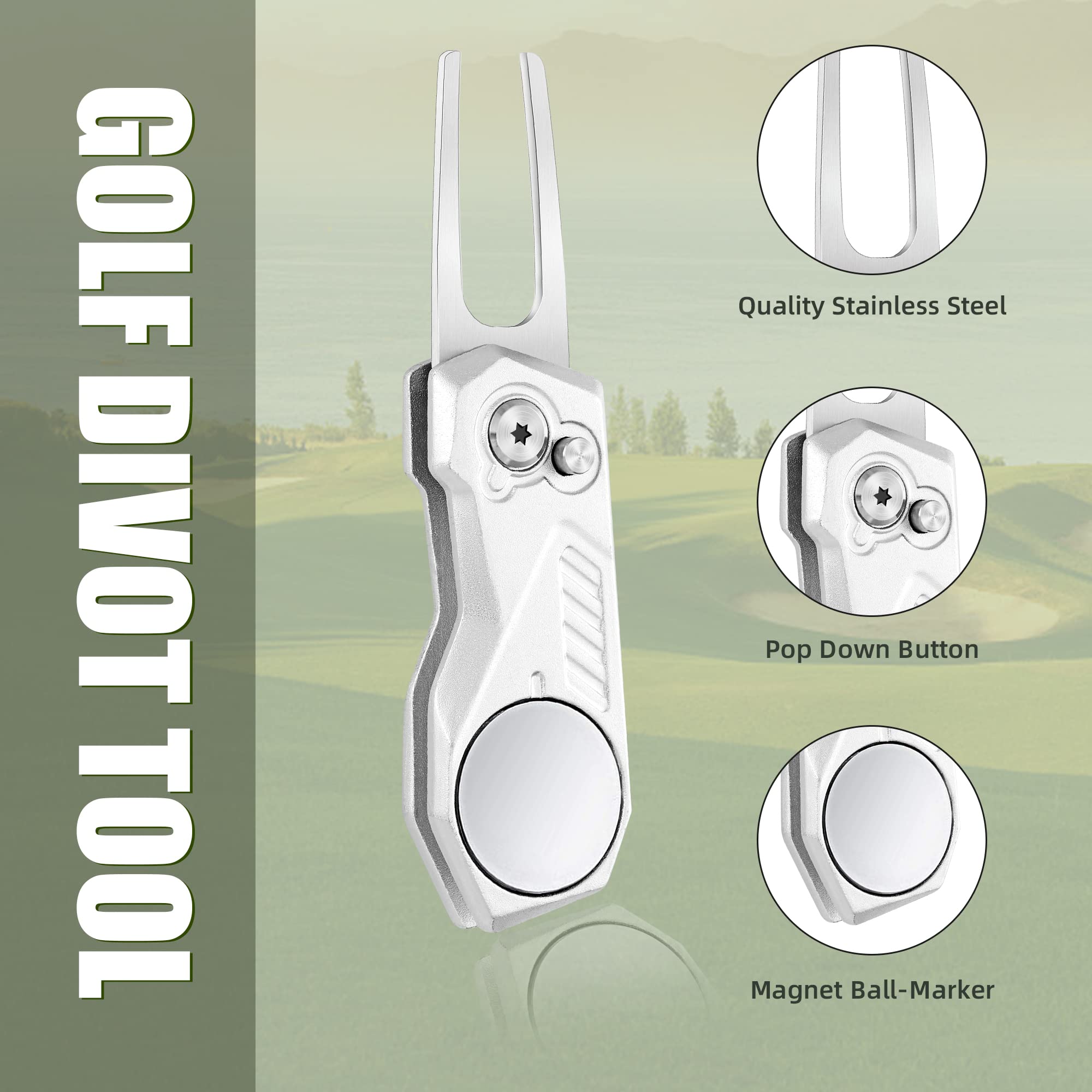 Premium All-Metal Foldable Golf Divot Repair Tool with Magnetic Ball Marker | Pop-Up Button Design | Durable Golf Accessories for Men | Perfect for Course Play & Practice Sessions