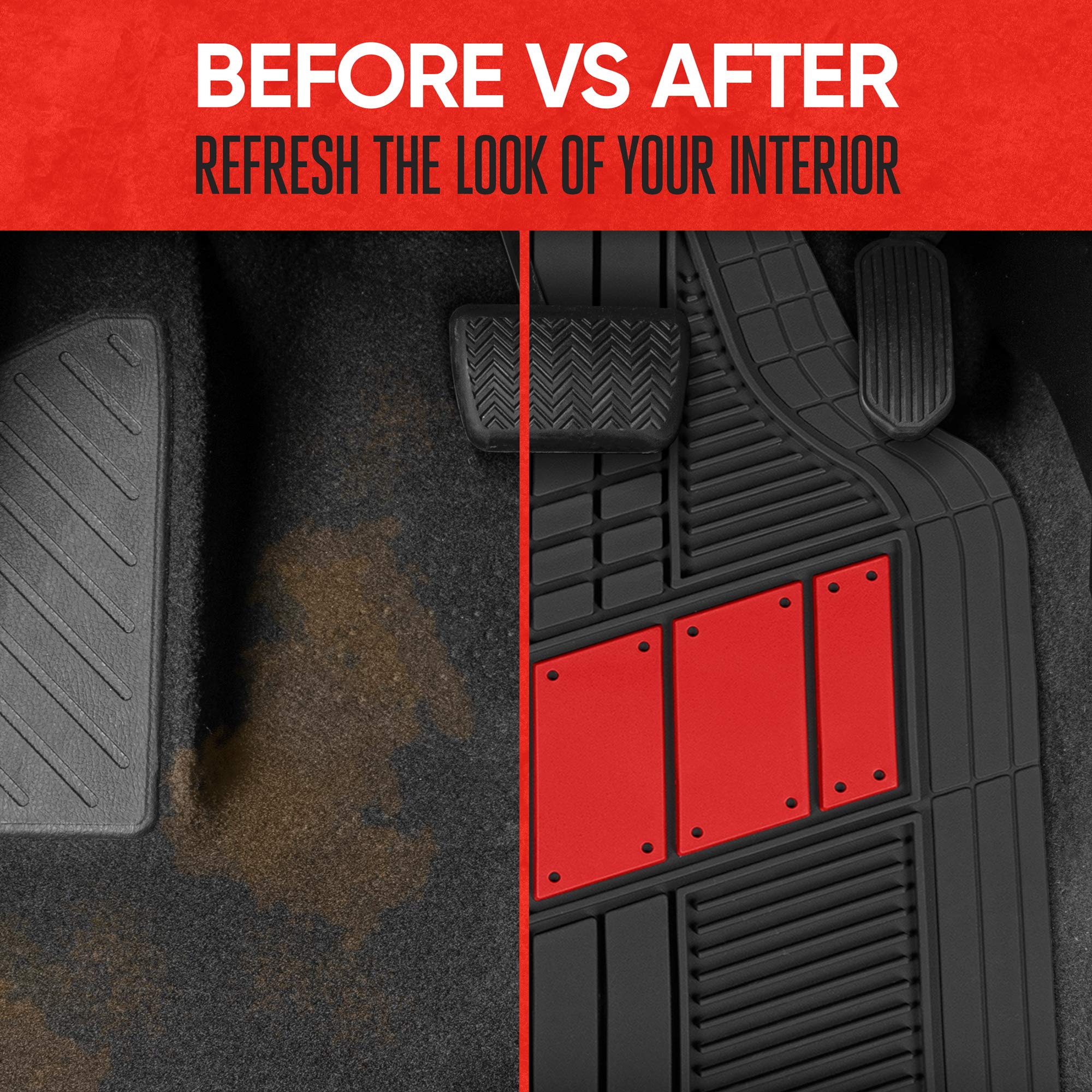 Motor Trend FlexTough Red All-Weather Car Floor Mats Full Set - Heavy Duty Rubber Floor Liners & Cargo Mat for SUV, Sedan, Van - Front & Rear Seat Protection + Trunk Liner | Perfect for Daily Commute, Road Trips & Extreme Weather Protection