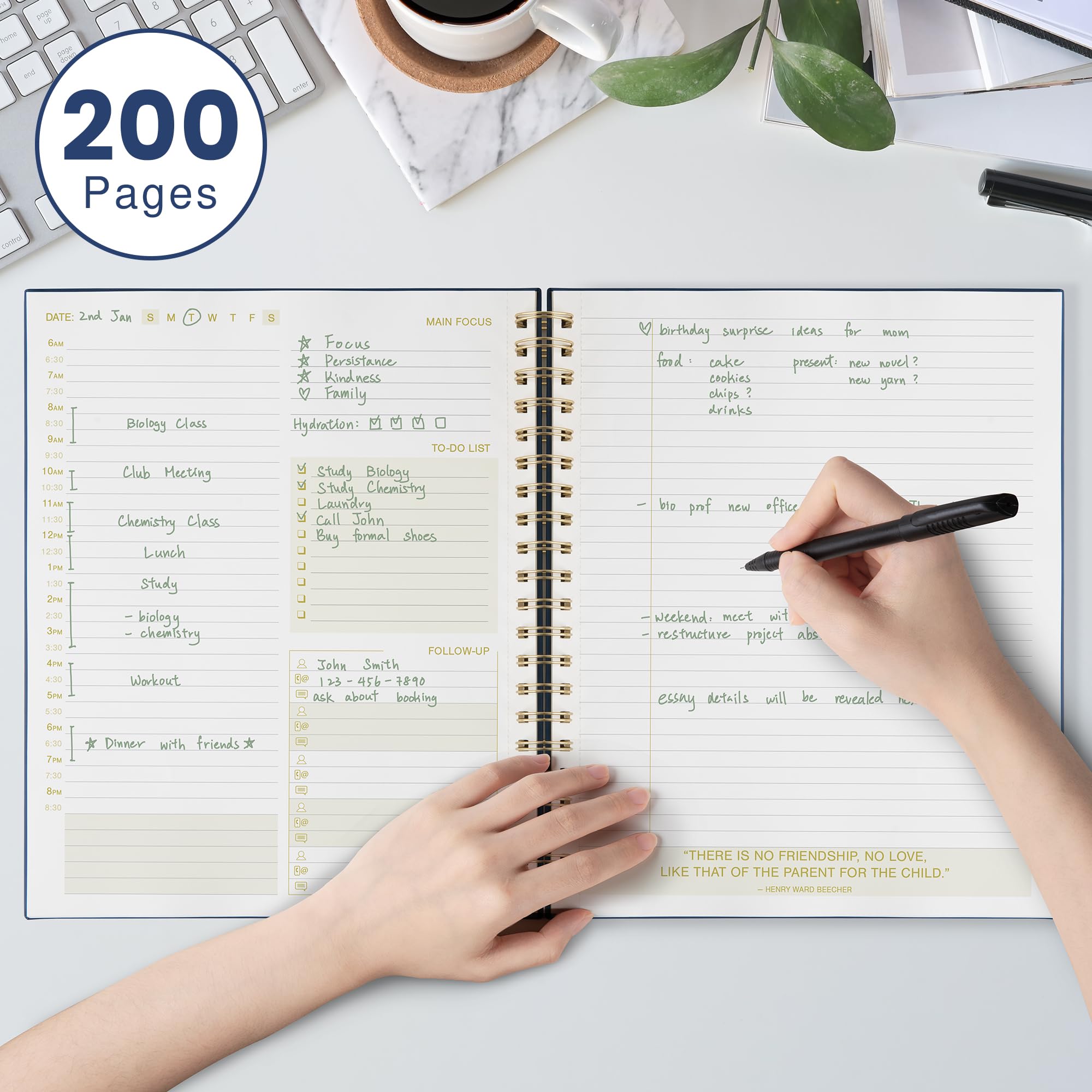 2024-2026 Undated Daily Planner - Spiral Bound Hardcover Notebook with Hourly Schedule, To-Do List, Habit Tracker & Holiday Calendar | 200 Pages Letter Size 8.5