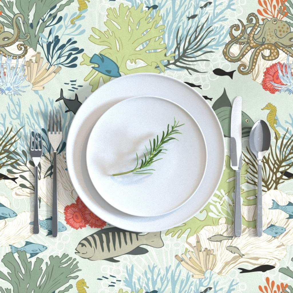 Custom Coral Reef Sea Life Printed Cotton Sateen Tablecloth 70
