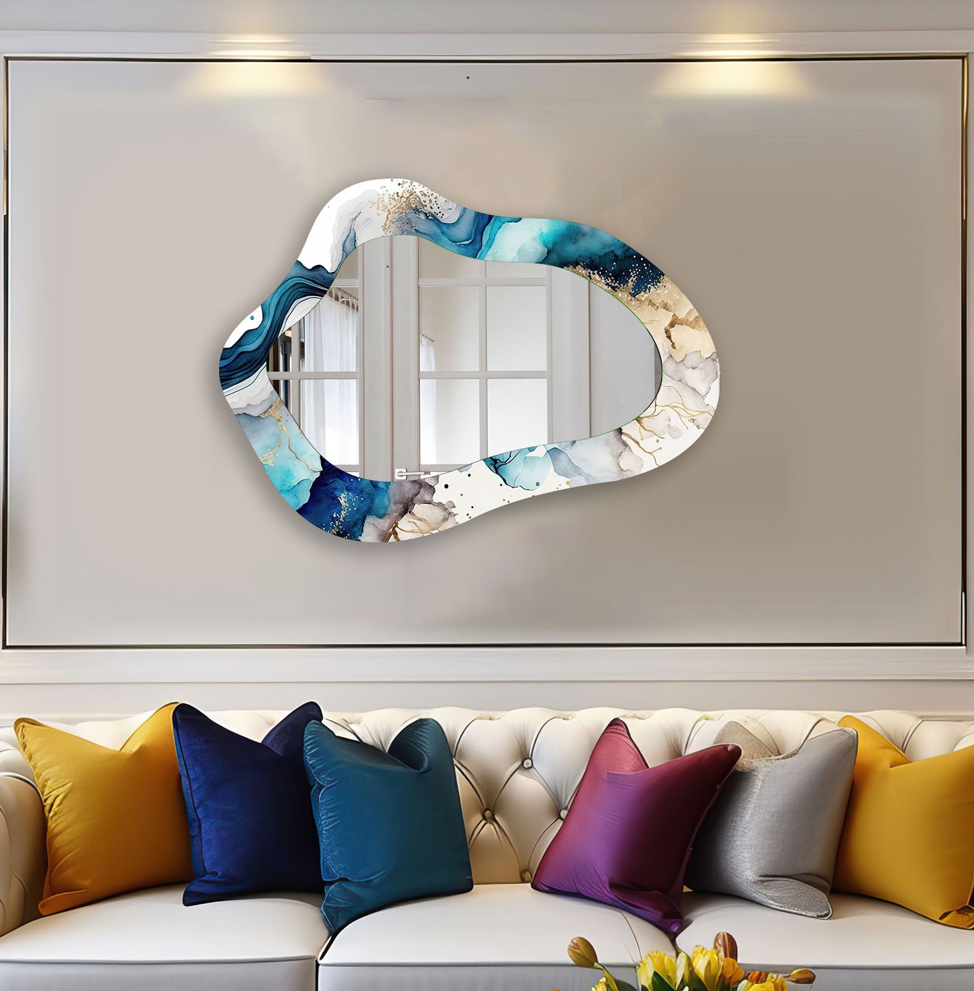 Blue Alcohol Ink Abstract Wall Mirror - Handmade Modern Home Decor for Living Room, Bedroom, or Bathroom