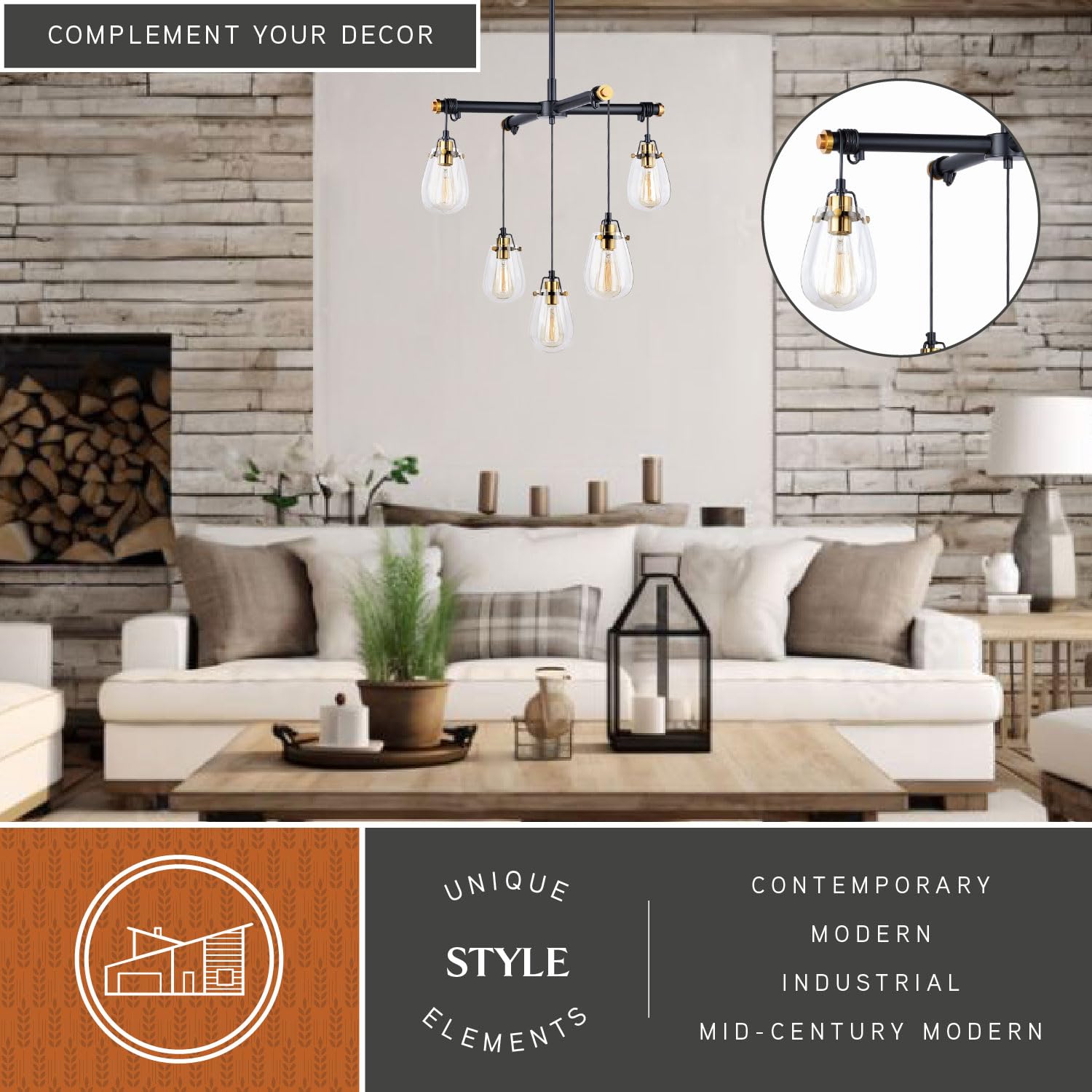 VAXCEL Kassidy 5-Light Black Industrial Teardrop Chandelier with Clear Glass Shades - Perfect for Farmhouse Dining Room, Kitchen Island or Entryway Lighting