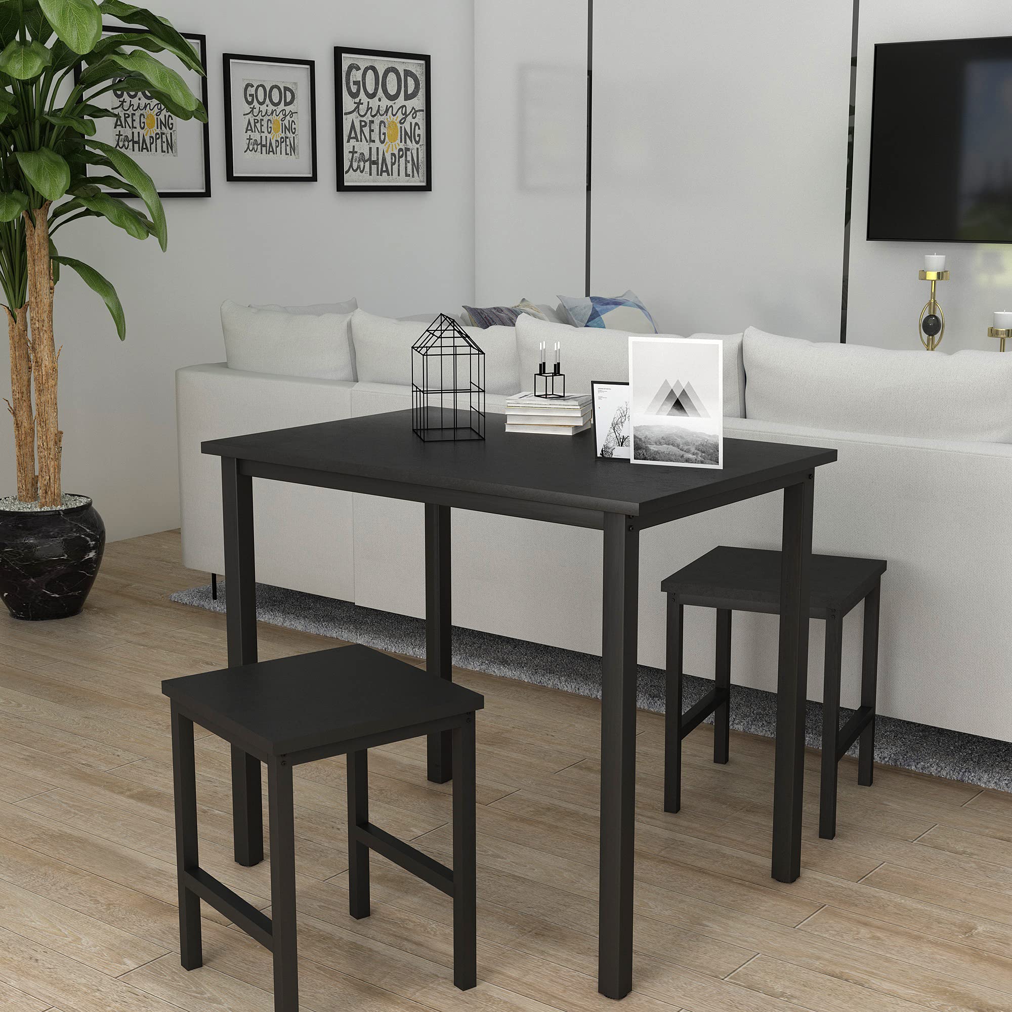 Industrial Small Kitchen Table Set for 2 - 3-Piece Compact Dining Table with Stools, 47in Metal Frame Breakfast Nook Set for Small Spaces | Perfect for Apartments, Living Rooms & Party Areas (Black)