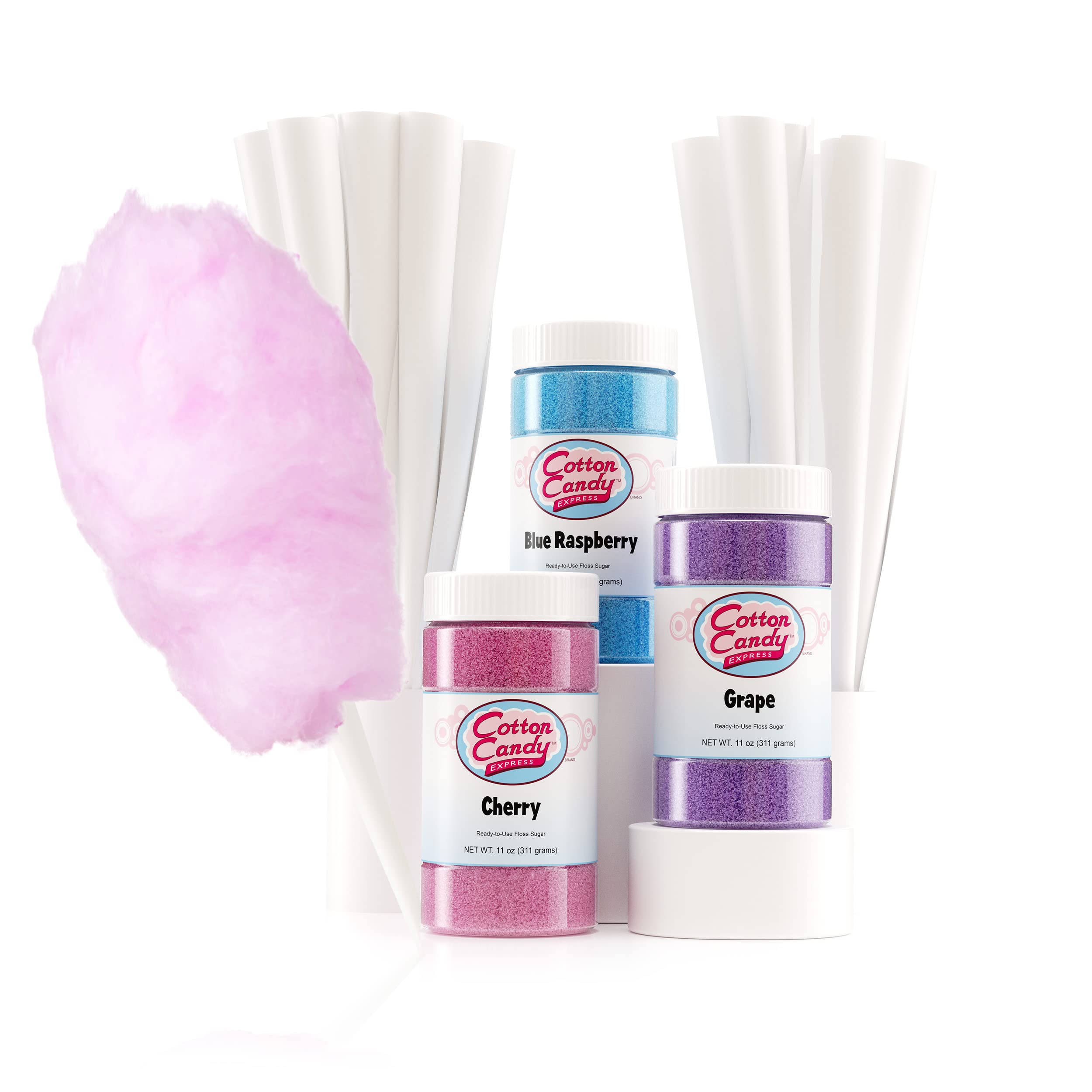 Cotton Candy Sugar Variety Pack - 3 Flavors (Cherry, Blue Raspberry, Grape) in 11oz Plastic Jars with 50 Paper Cones - Perfect for Parties, Carnivals & Home Treats
